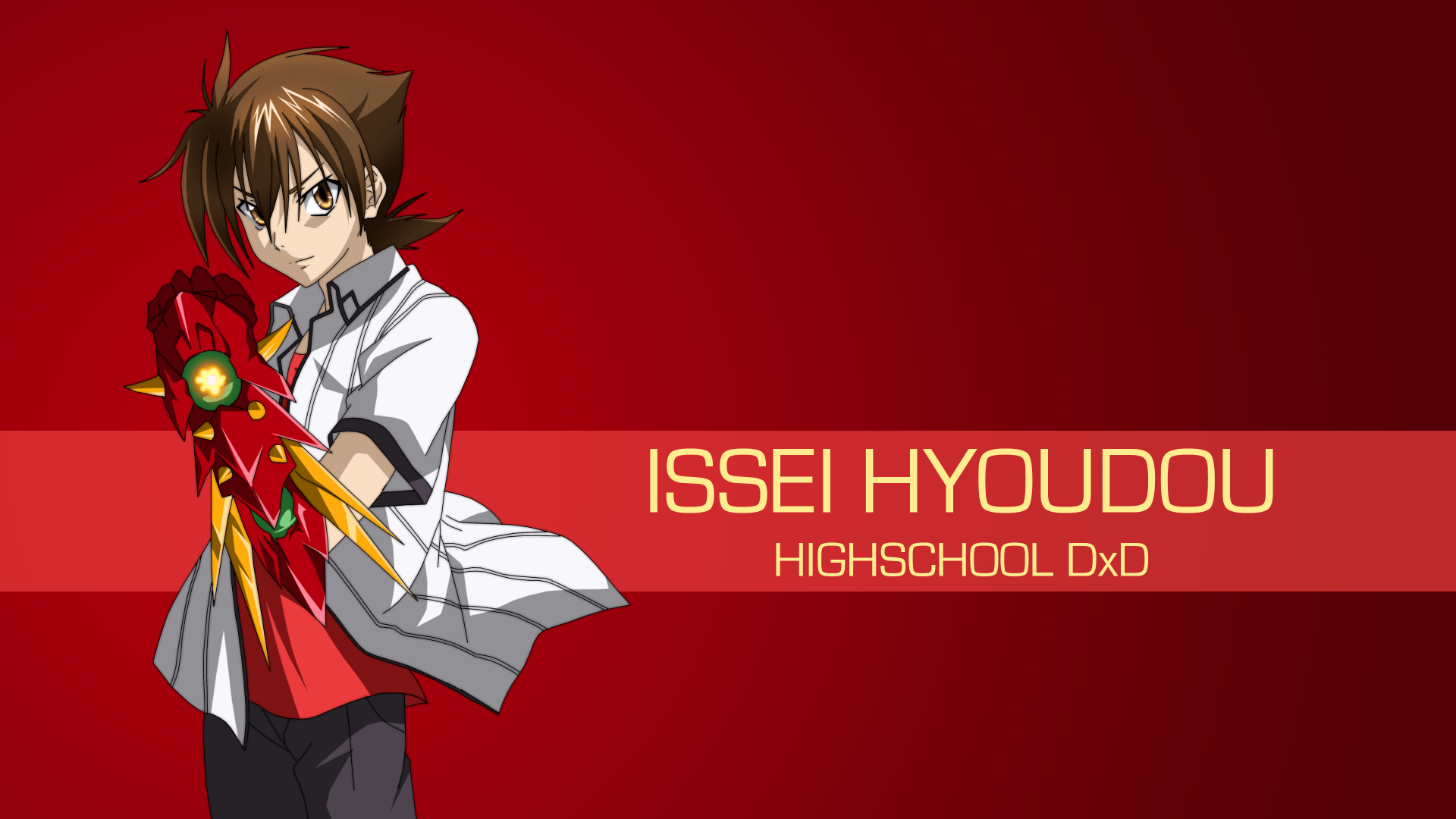 Anime wallpaper featuring Issei Hyoudou from High School DxD, showcasing his character with a dynamic pose against a striking red background.