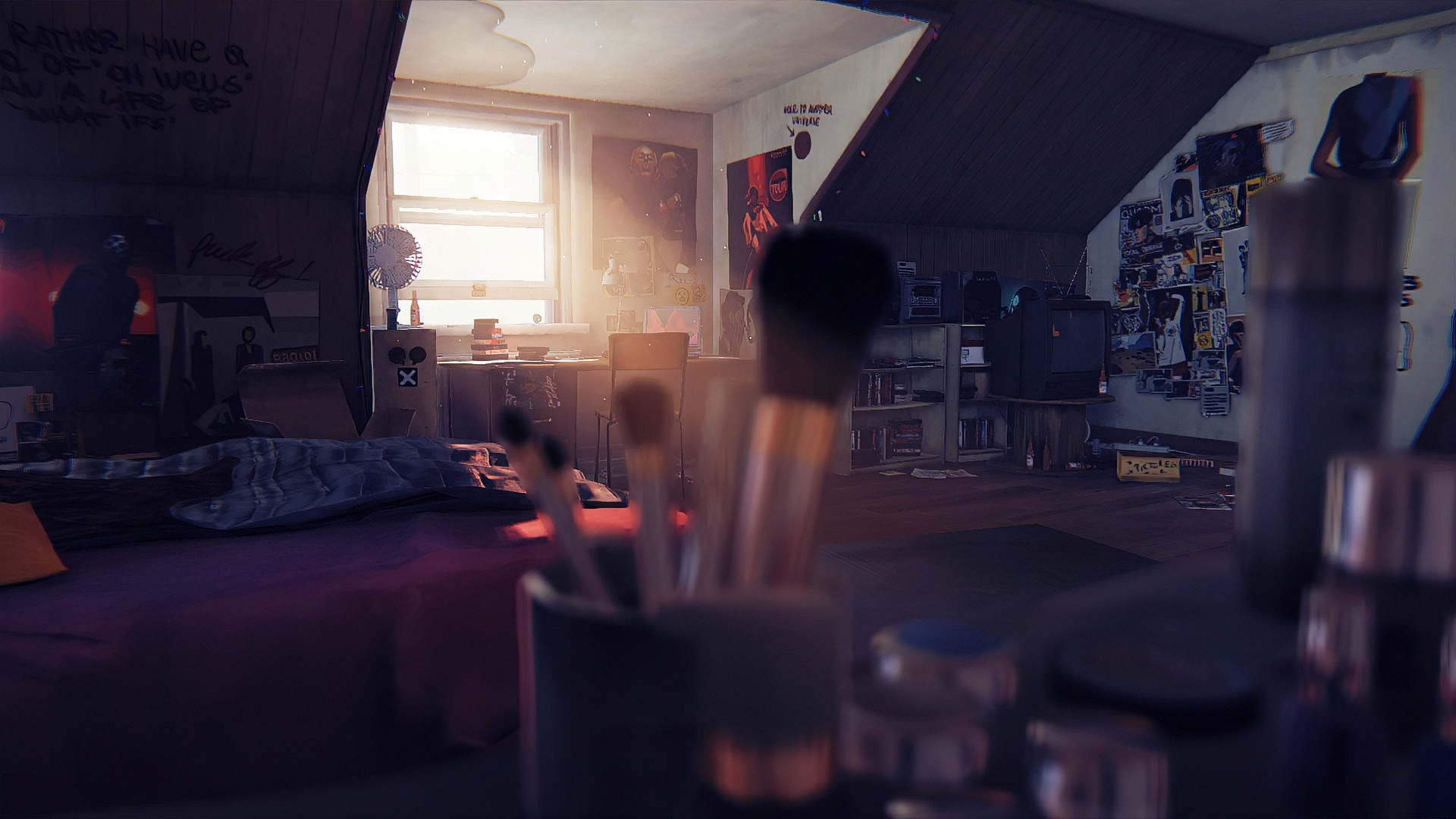 A cozy, sunlit room featuring a bed and a cluttered desk, set in the artistic world of the video game Life Is Strange. HD desktop wallpaper capturing a nostalgic atmosphere.