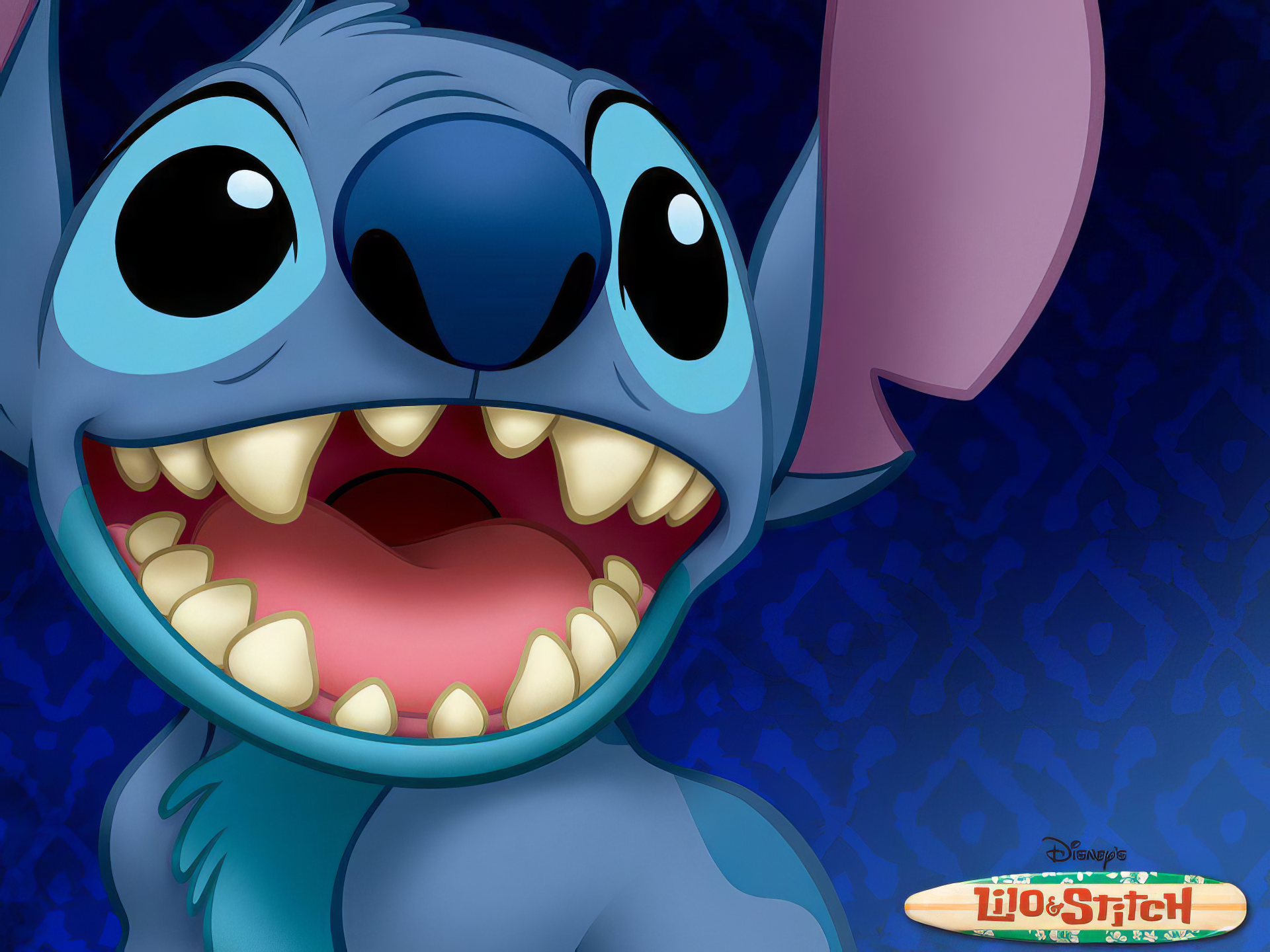 Bright HD wallpaper featuring Stitch from the TV show Lilo & Stitch, showcasing his playful expression and distinctive features against a vibrant background.