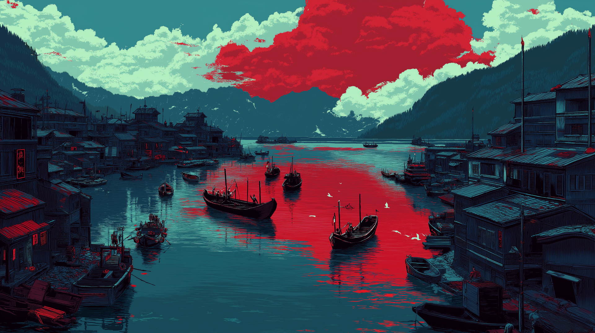 Download Boat Red Lake Landscape AI Art HD Wallpaper
