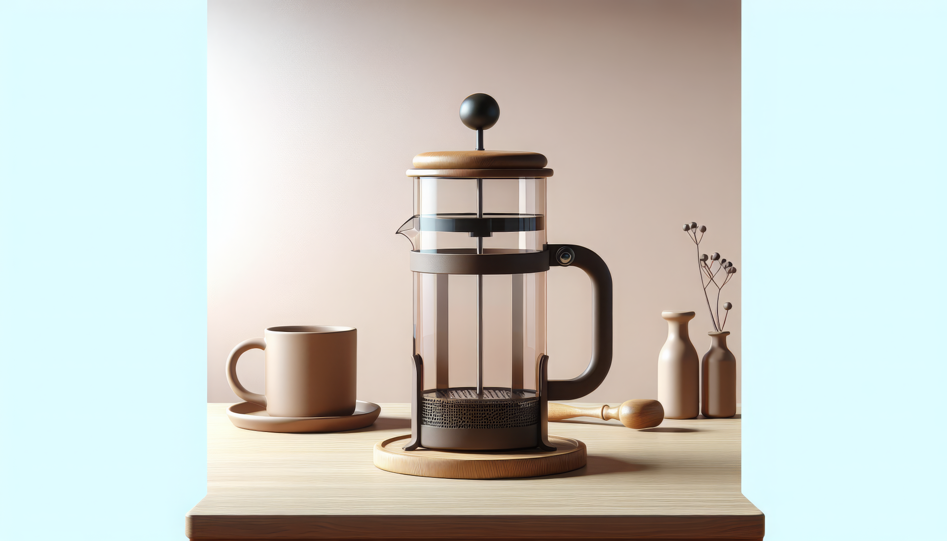 A stylish French press sits on a minimalist wooden table, accompanied by a cup and decorative vases, showcasing an elegant and serene coffee-making aesthetic. HD desktop wallpaper.