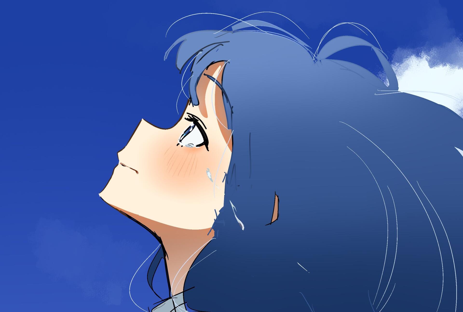Anime wallpaper features Anna Yanami from Too Many Losing Heroines! gazing upwards, capturing a moment of introspection against a vibrant blue sky.