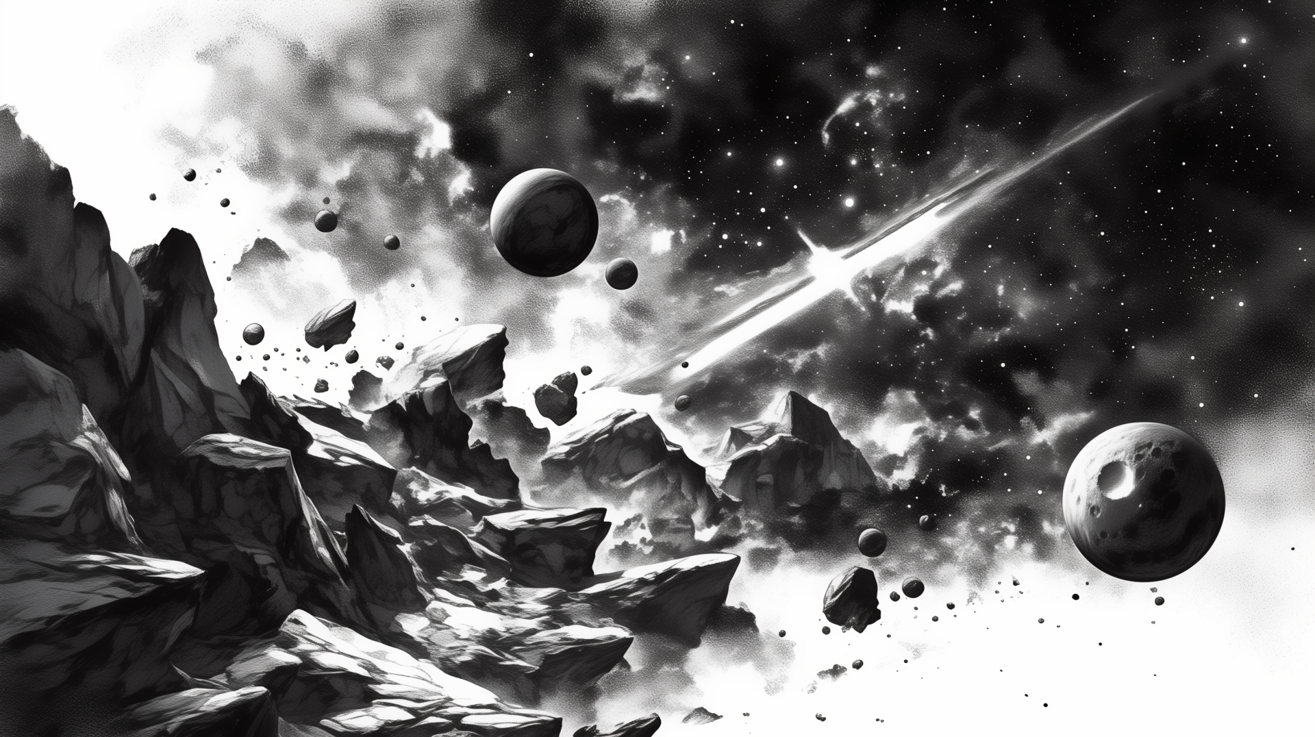 A black and white HD desktop wallpaper depicting a dramatic universe scene, featuring planets, rocky formations, and a distant starry background.