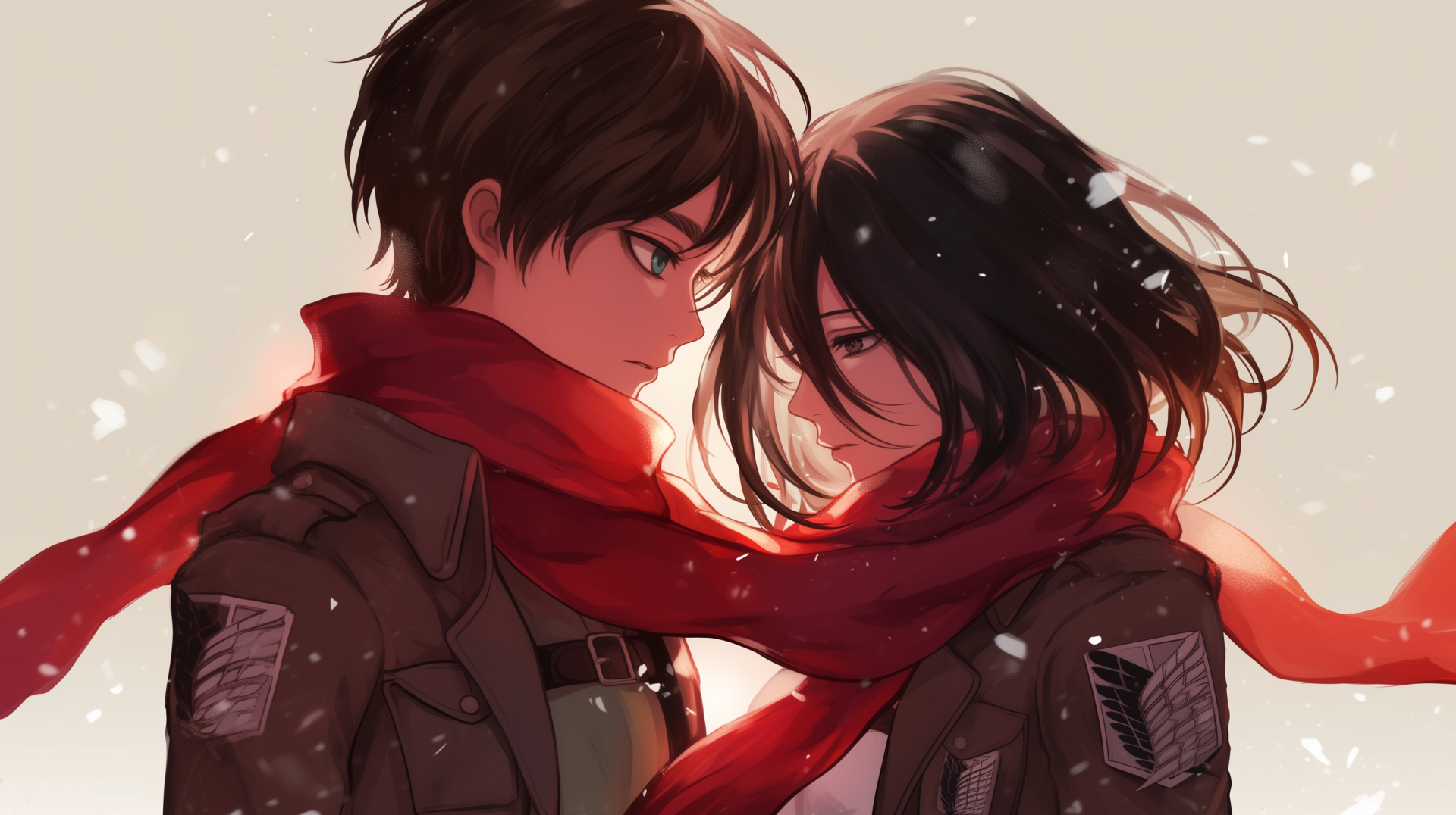 A vibrant HD wallpaper featuring Eren Yeager and Mikasa Ackerman from the anime Attack on Titan, capturing their iconic presence and dynamic relationship.