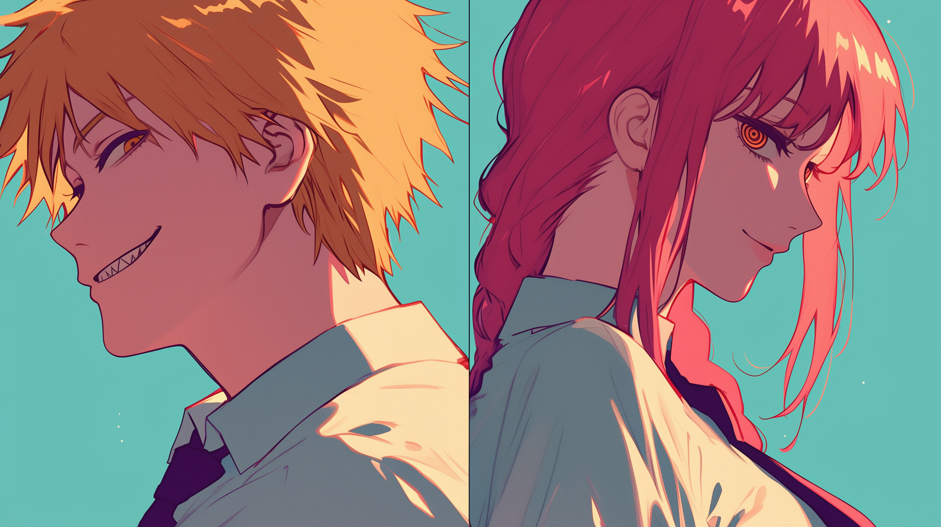 HD desktop wallpaper featuring characters Makima and Denji from the anime Chainsaw Man. Captivating design for fans of the series.