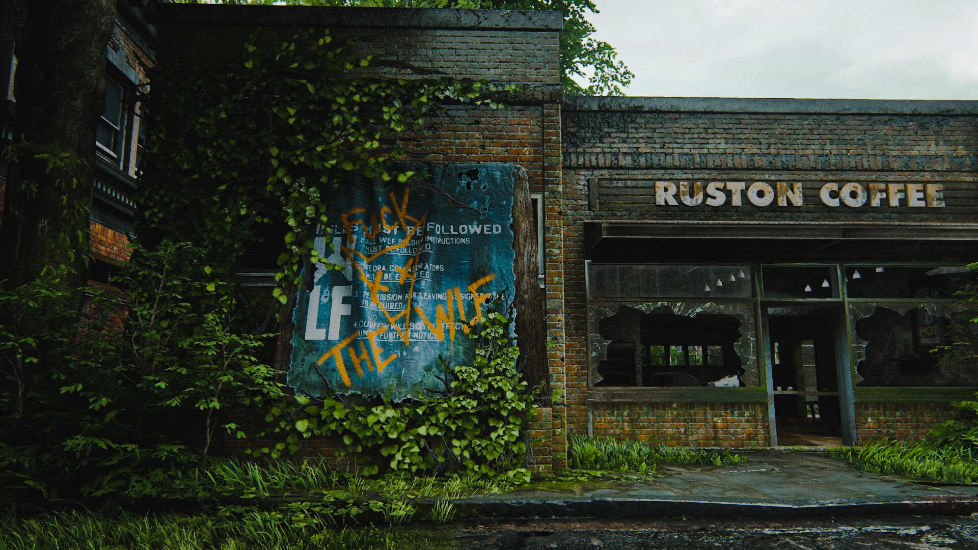 A captivating HD wallpaper from the video game The Last of Us, showcasing a weathered storefront with overgrown vines and an intriguing mural, evoking a post-apocalyptic atmosphere.