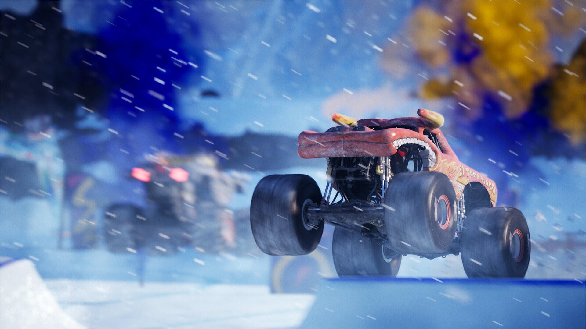 HD desktop wallpaper featuring intense action from the Monster Jam Showdown video game, showcasing thrilling monster truck battles and dynamic visuals.