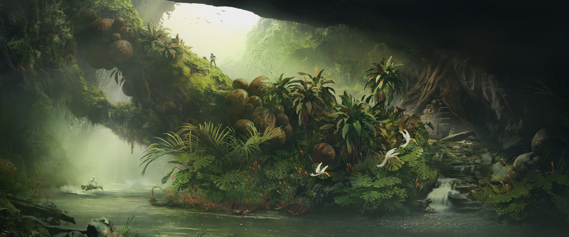 HD desktop wallpaper featuring elements from the video game Star Wars Outlaws by Ubisoft, showcasing the game's immersive universe and stunning visuals.