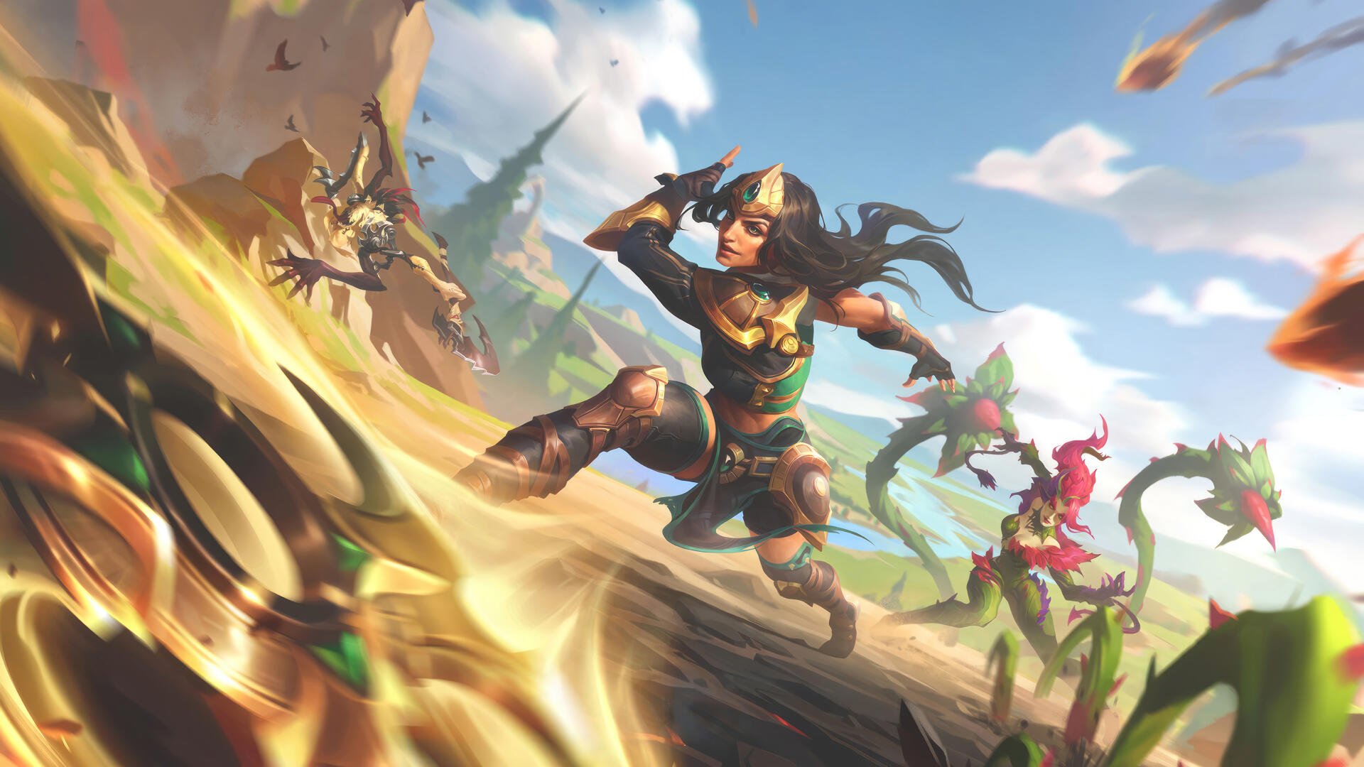 HD wallpaper featuring characters Zyra, Sivir, and Fiddlesticks from the video game League of Legends, showcasing dynamic artwork and vibrant colors for fans to enjoy.
