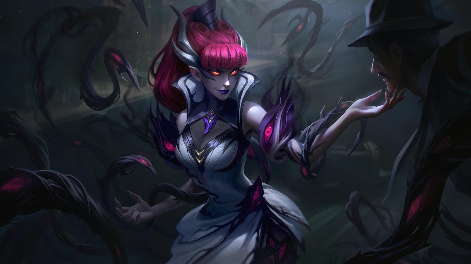 A striking 8K Ultra HD wallpaper featuring Zyra from League of Legends, showcasing her enchanting yet ominous presence amidst dark, twisted vines.