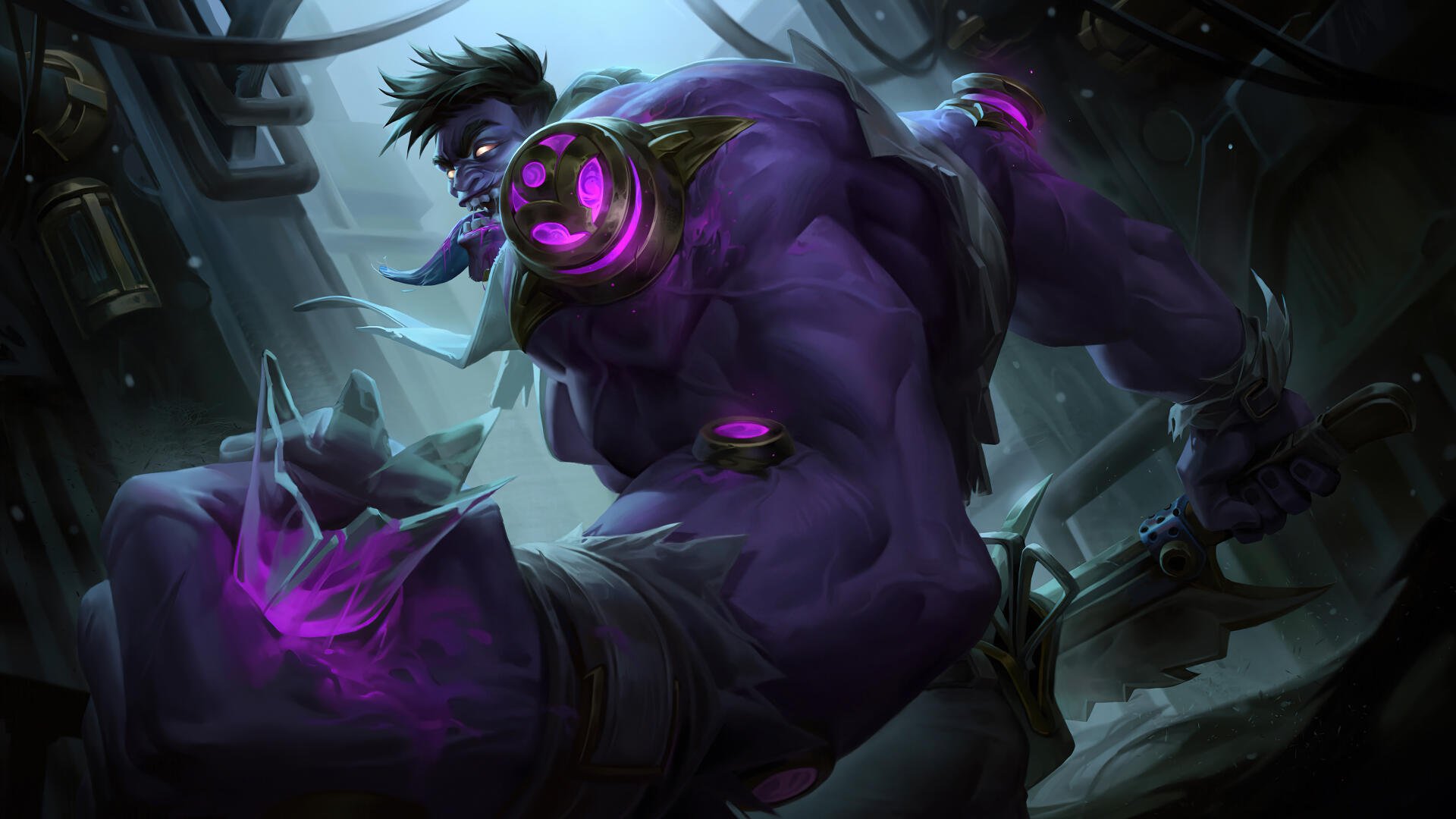 A powerful illustration of Dr. Mundo from League of Legends, showcasing the character as a formidable monster in a dark, atmospheric setting. 4K Ultra HD quality enhances the details.