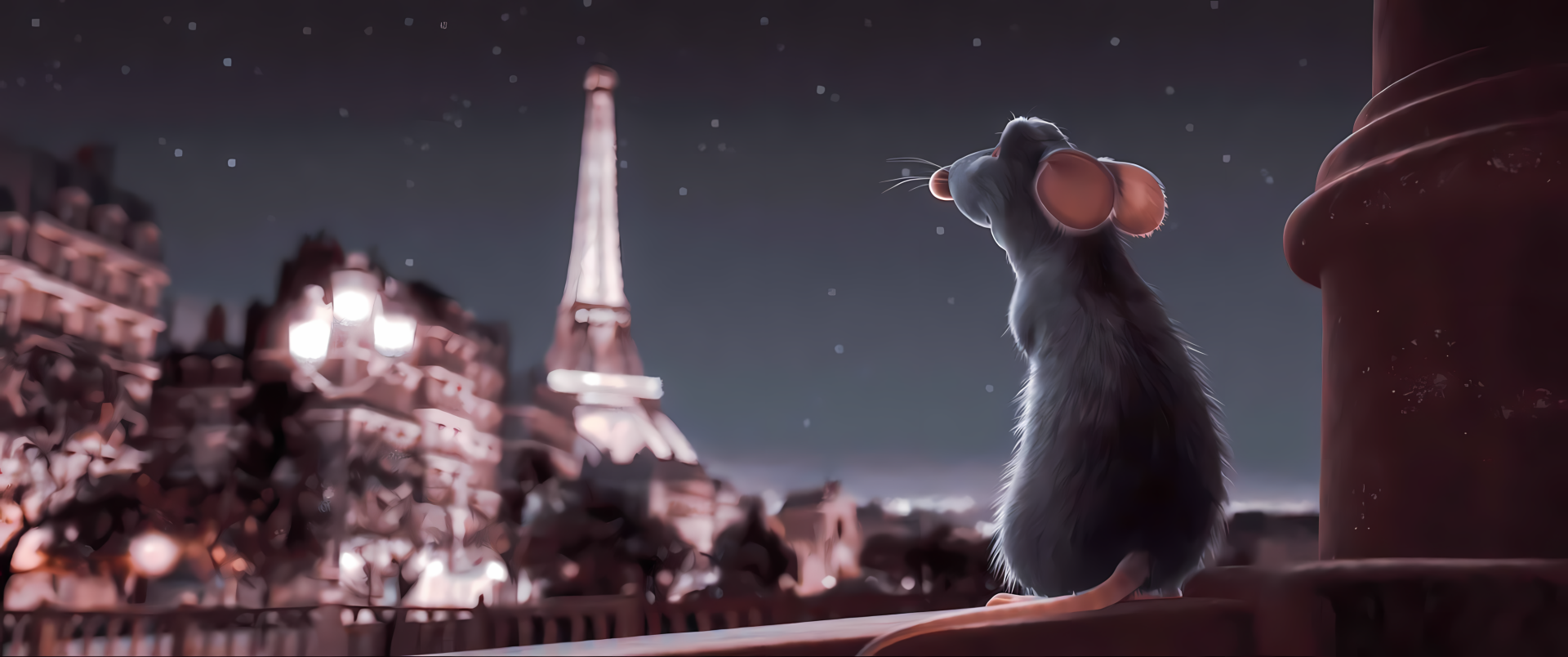 HD desktop wallpaper featuring Remy, the rat from Pixar's Ratatouille, overlooking a softly lit Paris skyline with the Eiffel Tower in the background.