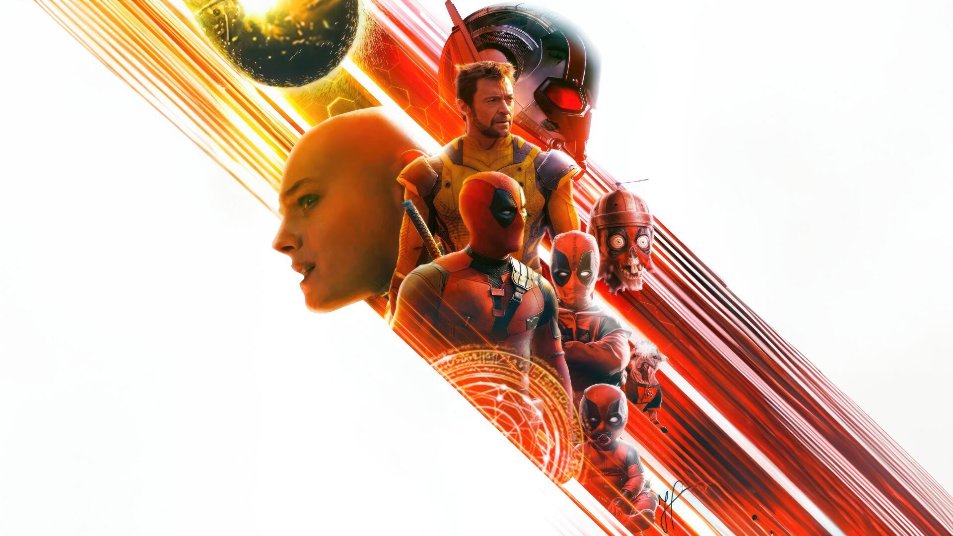 4K Ultra HD PC desktop wallpaper featuring Deadpool and Wolverine among other Marvel characters with dynamic, vibrant diagonal streaks of light.