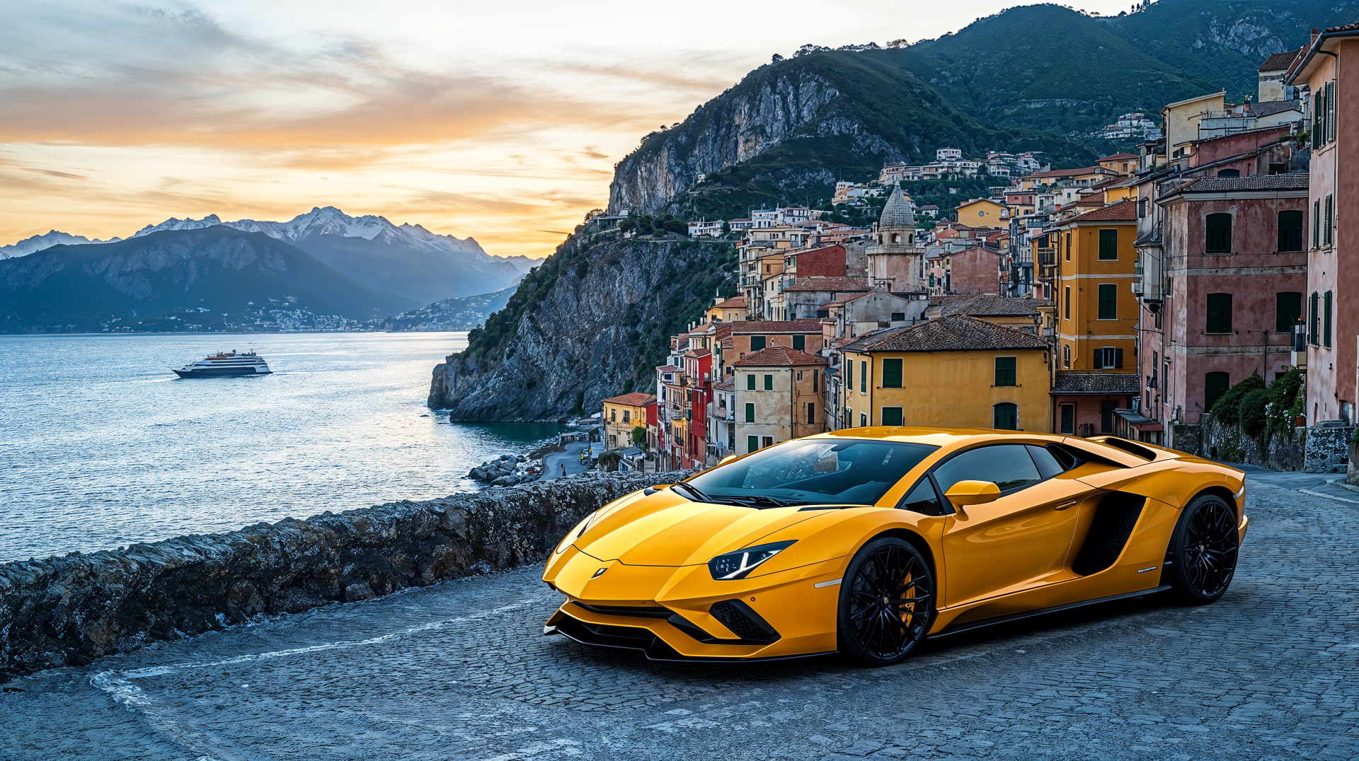 A yellow Lamborghini Aventador parked along the scenic Italian coast with colorful buildings and mountains in the background at sunset.