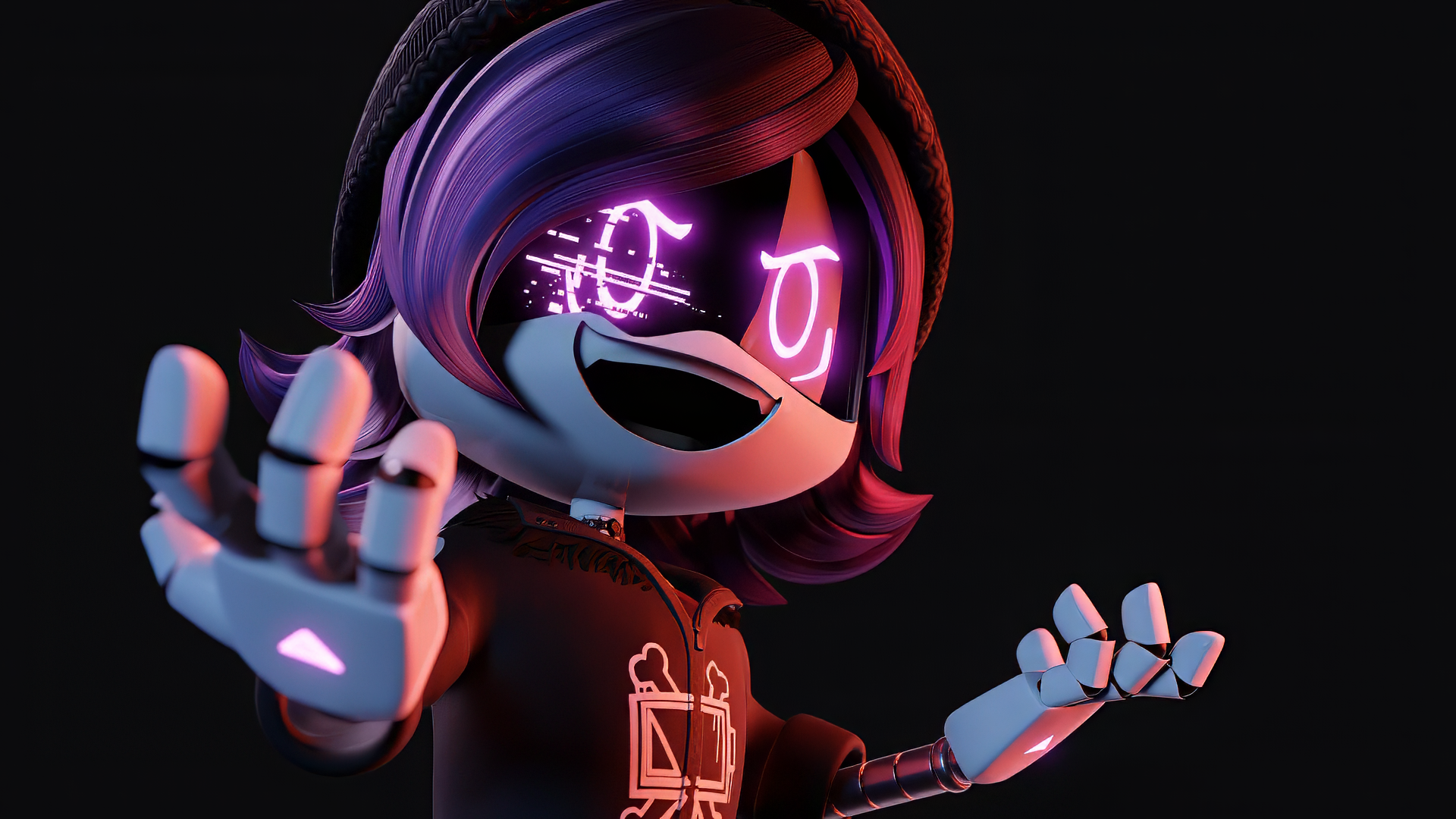 A vibrant HD desktop wallpaper featuring Uzi Doorman from the TV show Murder Drones, showcasing a stylized character with purple hair and neon eyes in an engaging pose.