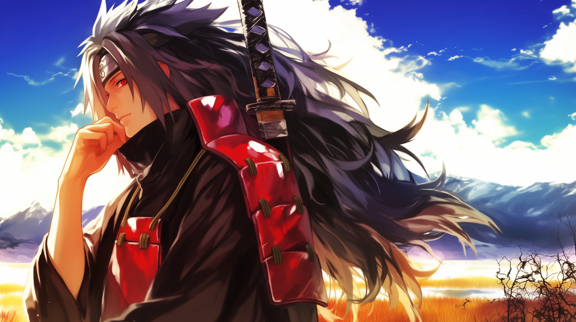 HD anime desktop wallpaper featuring Madara Uchiha from Naruto, set against a vibrant sky and scenic landscape background.