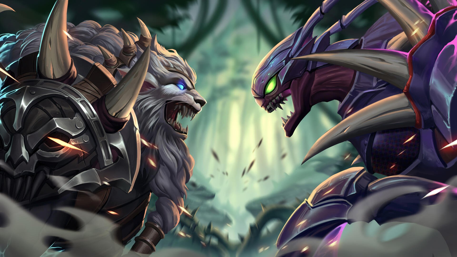A vibrant 4K Ultra HD wallpaper featuring Rengar and Kha'Zix from League of Legends, showcasing intense action and vivid colors in a dynamic gaming environment.