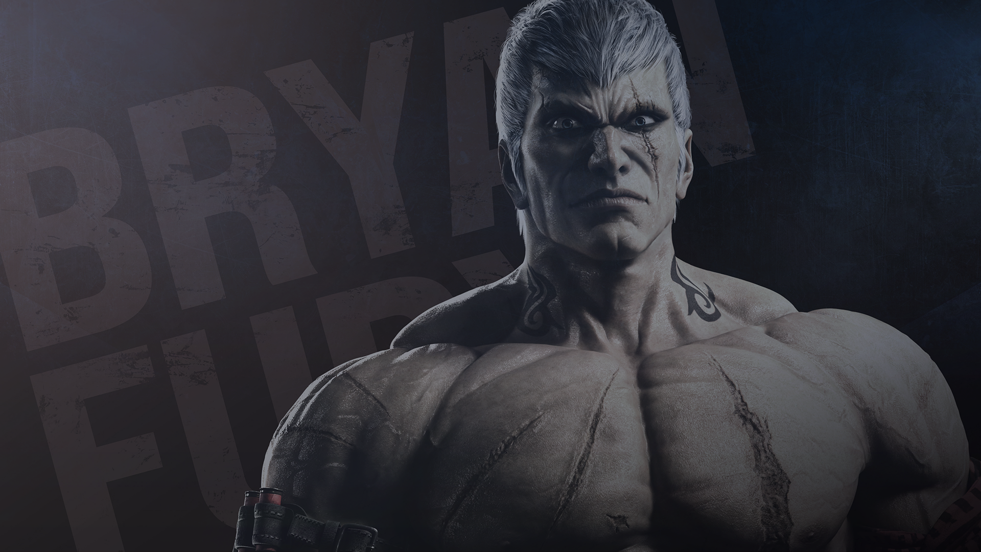 A striking HD wallpaper featuring Bryan Fury from Tekken 8, showcasing his muscular build against a dark background, embodying the intense energy of the video game series.
