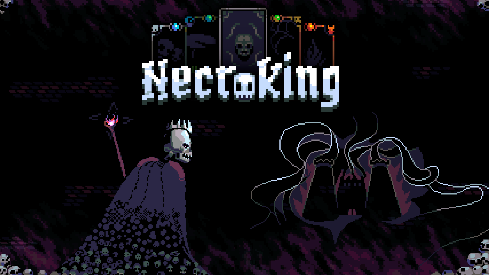 HD desktop wallpaper featuring the video game Necroking, showcasing a skeletal figure with a crown and dark, mystical elements in a dramatic, atmospheric setting.