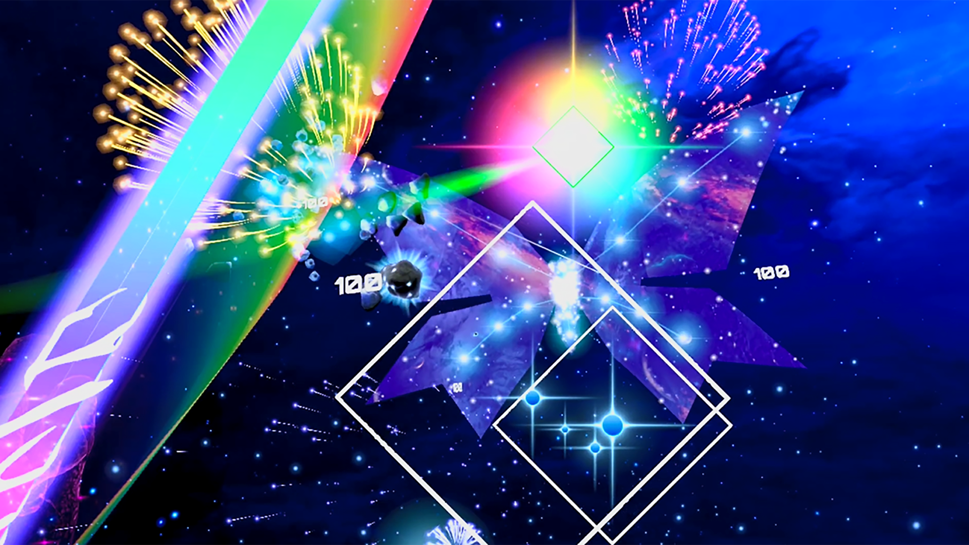 A vibrant HD PC wallpaper featuring dynamic space visuals inspired by the video game Starwave, showcasing colorful light effects and abstract geometric shapes against a cosmic backdrop.
