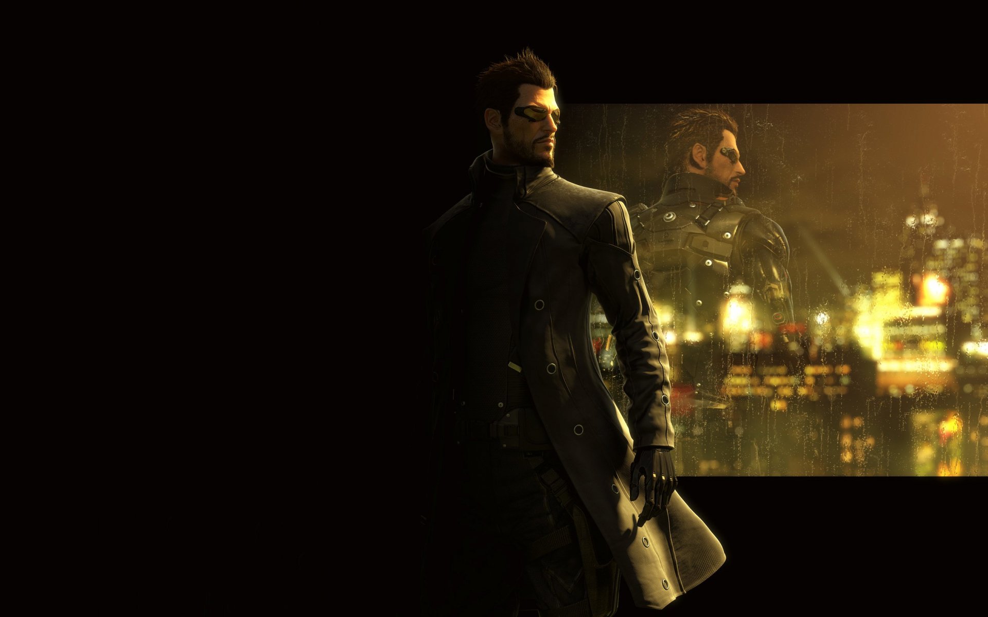 HD PC desktop wallpaper featuring a character from the video game Deus Ex: Human Revolution with a futuristic cityscape reflected behind him.