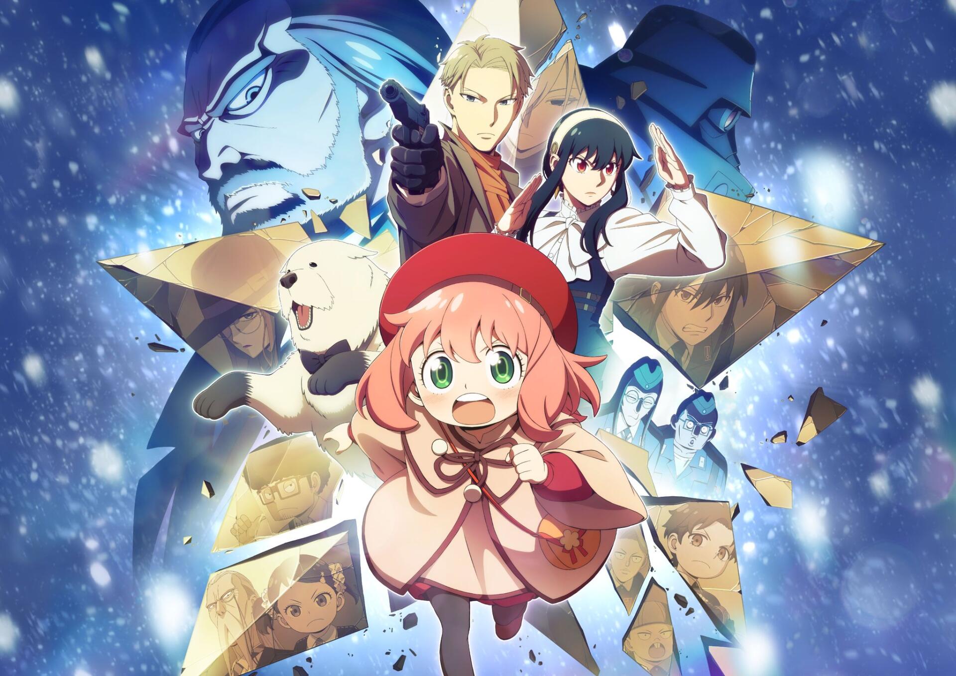 HD PC desktop wallpaper featuring characters from the anime Spy x Family Code: White with Anya prominently in the foreground and a star-shaped collage of other characters in the background.