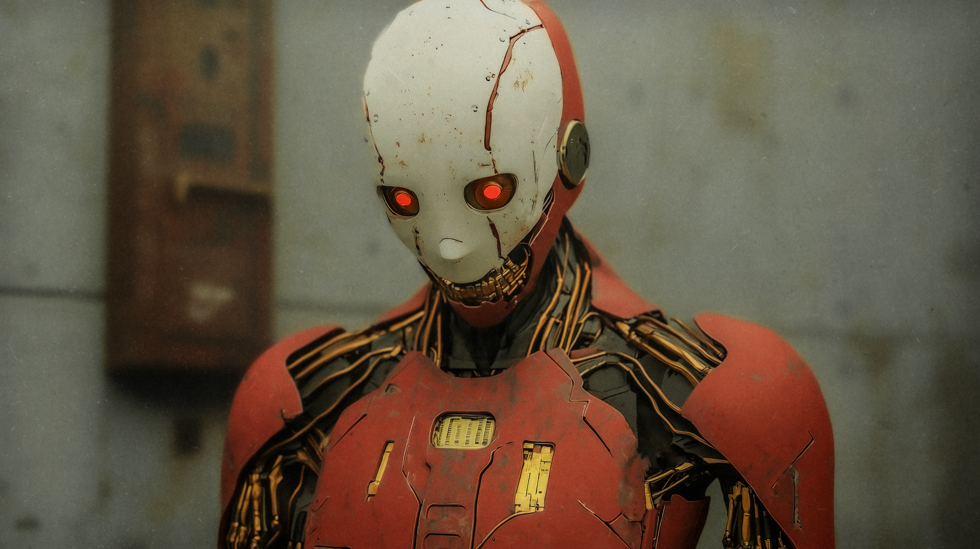 Digital cyberpunk artwork of a red cyborg robot with a cracked white mask, glowing red eyes and exposed wiring — 4K Ultra HD PC desktop wallpaper and background.