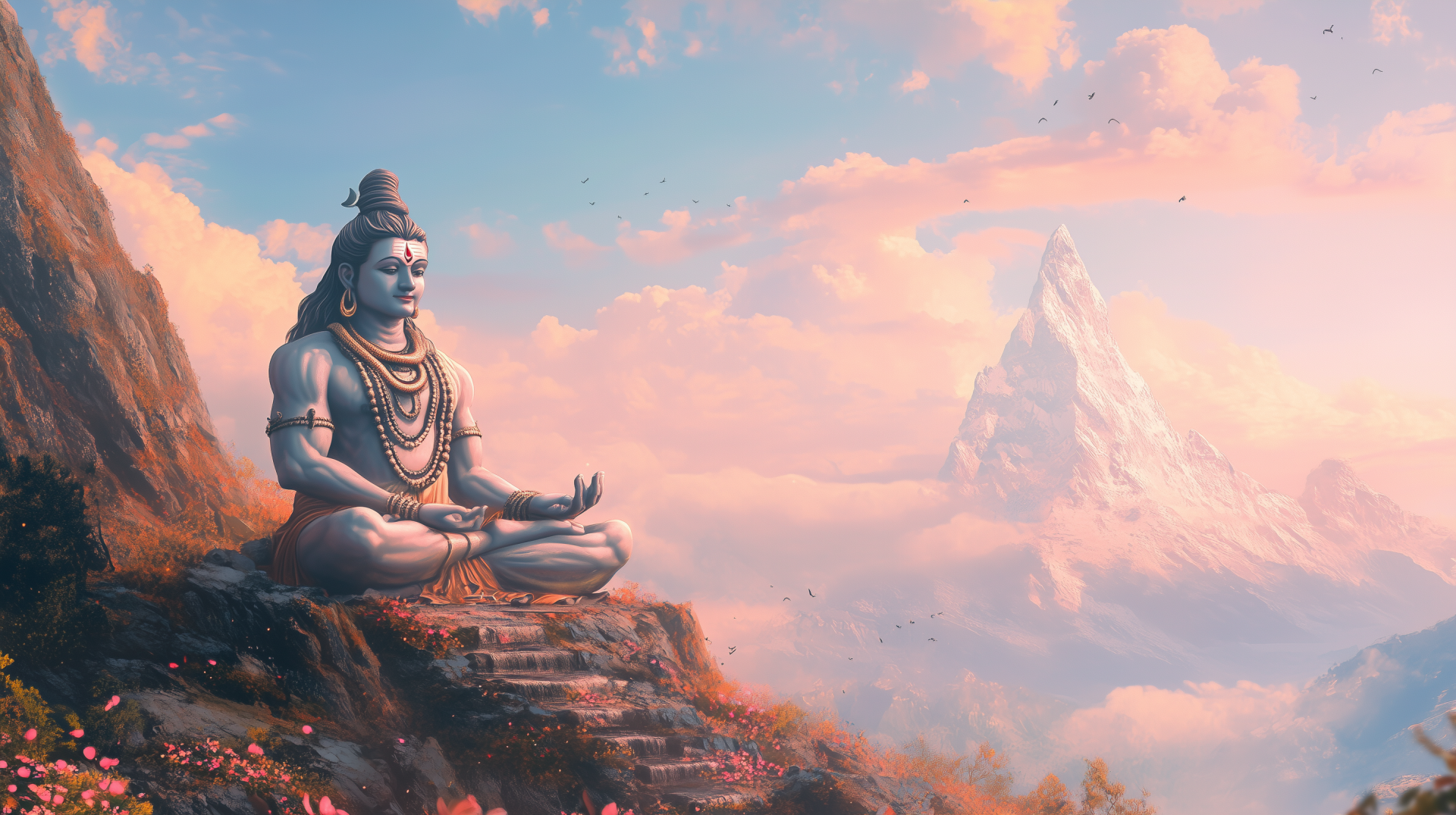 A serene HD desktop wallpaper featuring Mahadev, also known as Shiva, capturing the essence of religious devotion and spirituality.
