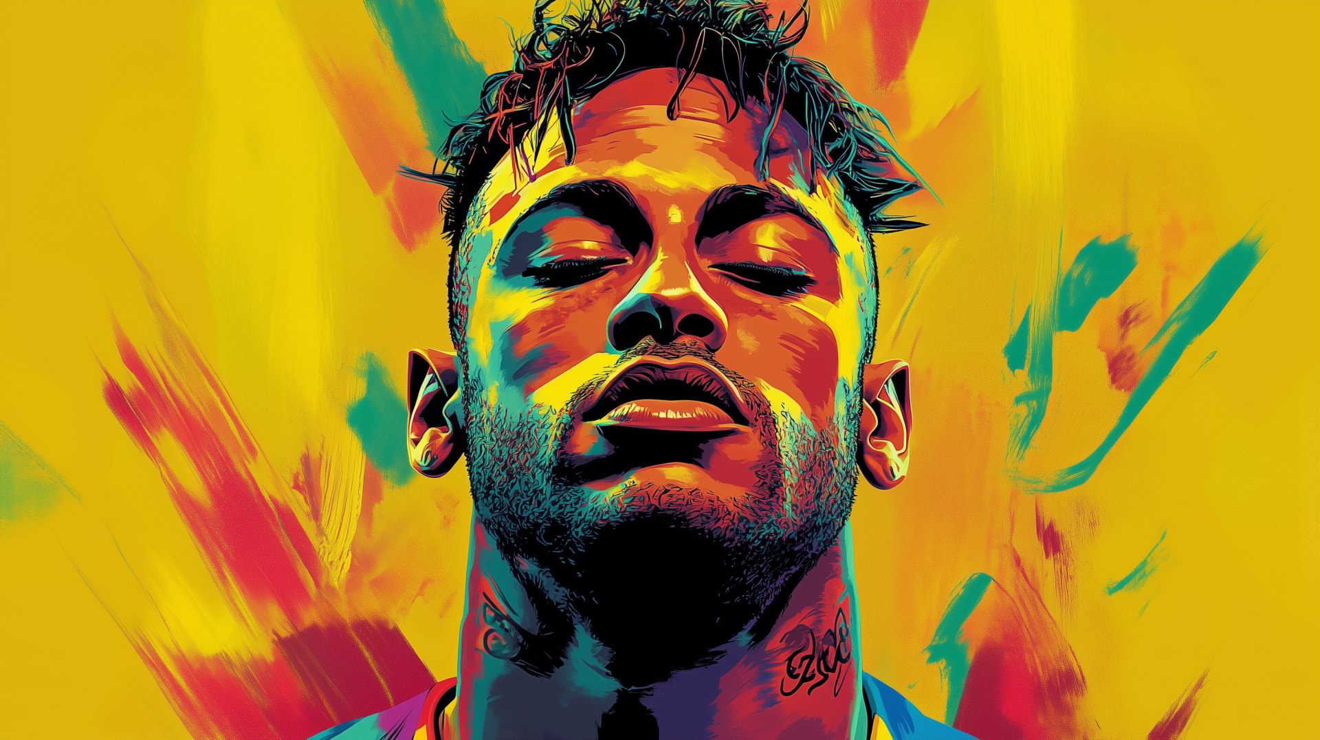 Vibrant HD desktop wallpaper featuring Neymar, capturing his intense expression against a colorful backdrop, embodying the spirit of soccer.