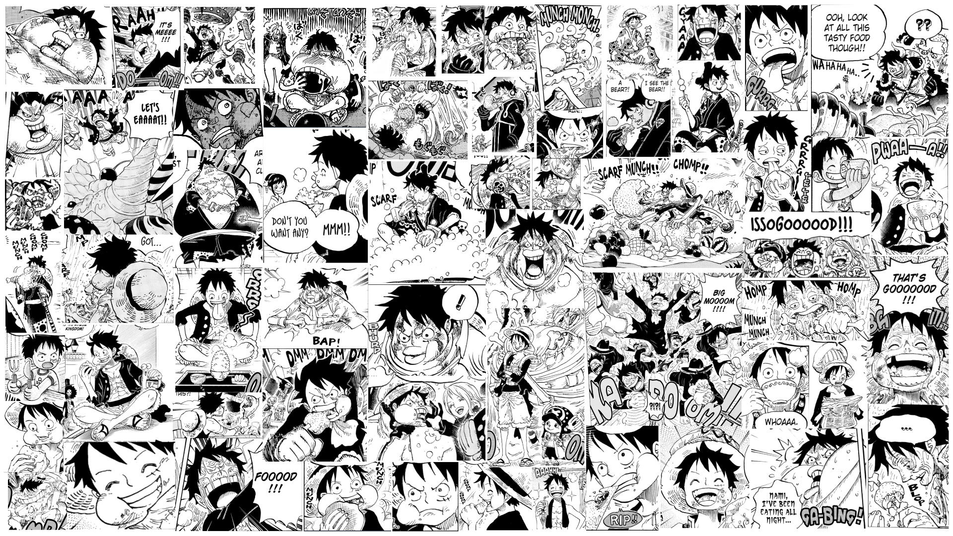 Collage of 4K Ultra HD One Piece manga panels featuring Monkey D. Luffy in various expressions and moments, including Gear 5 transformations and iconic scenes.
