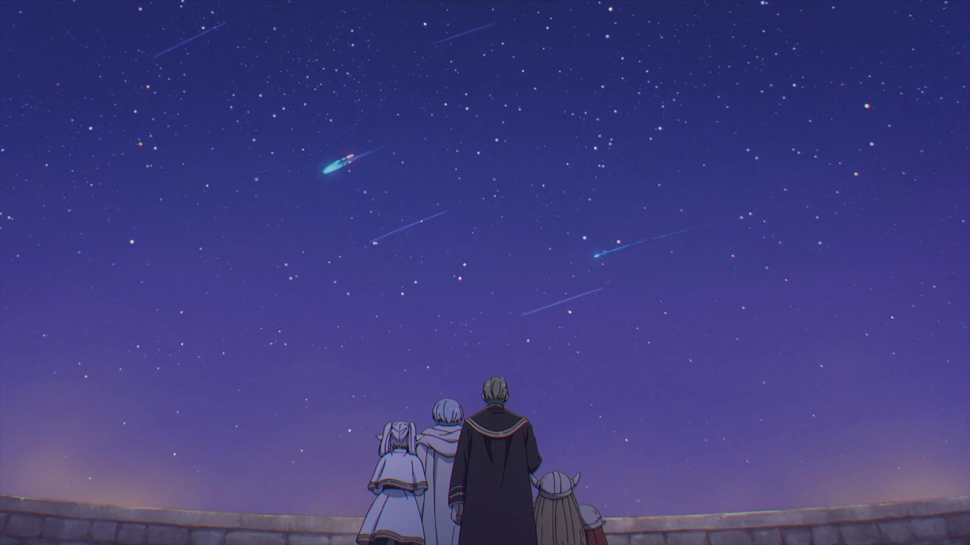 HD PC desktop wallpaper featuring characters from Frieren: Beyond Journey's End gazing at a starry night sky with shooting stars and a comet.