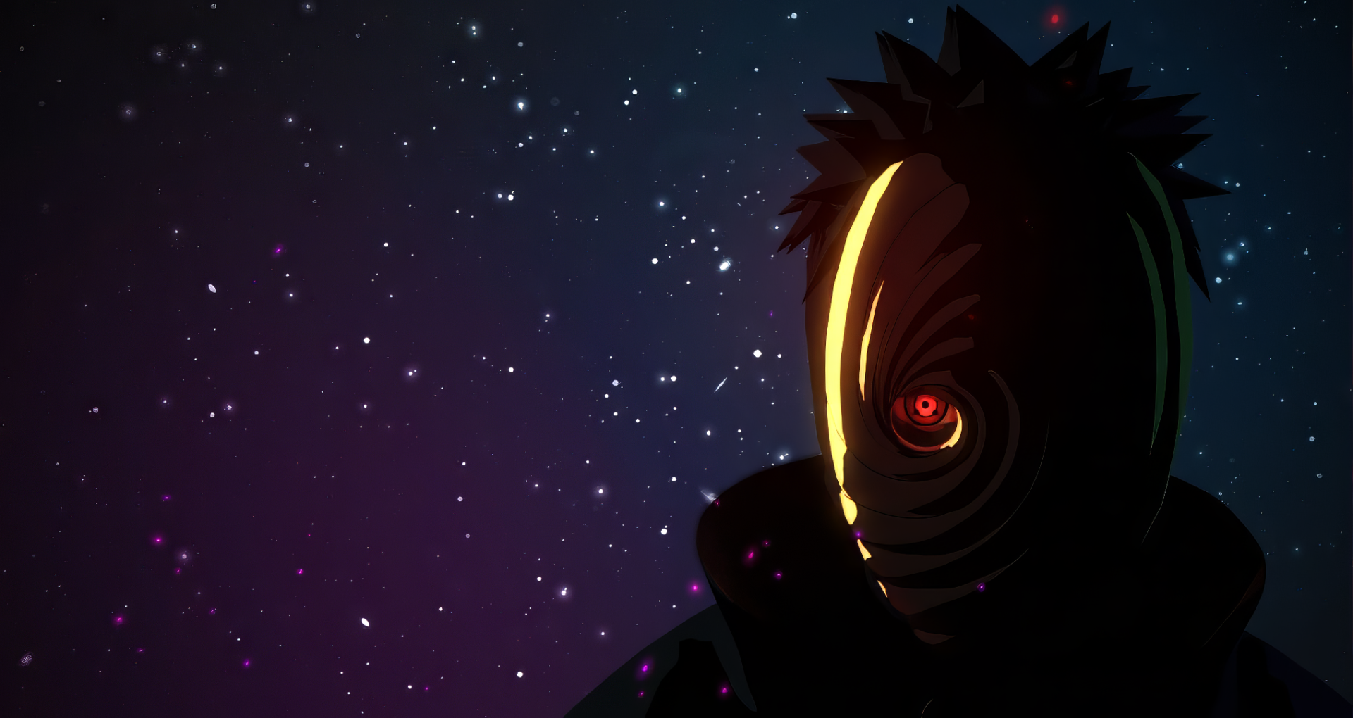 Anime-inspired HD desktop wallpaper featuring Obito Uchiha, showcasing his Sharingan and elements of the Akatsuki from Naruto. A vibrant design for fans of the series.