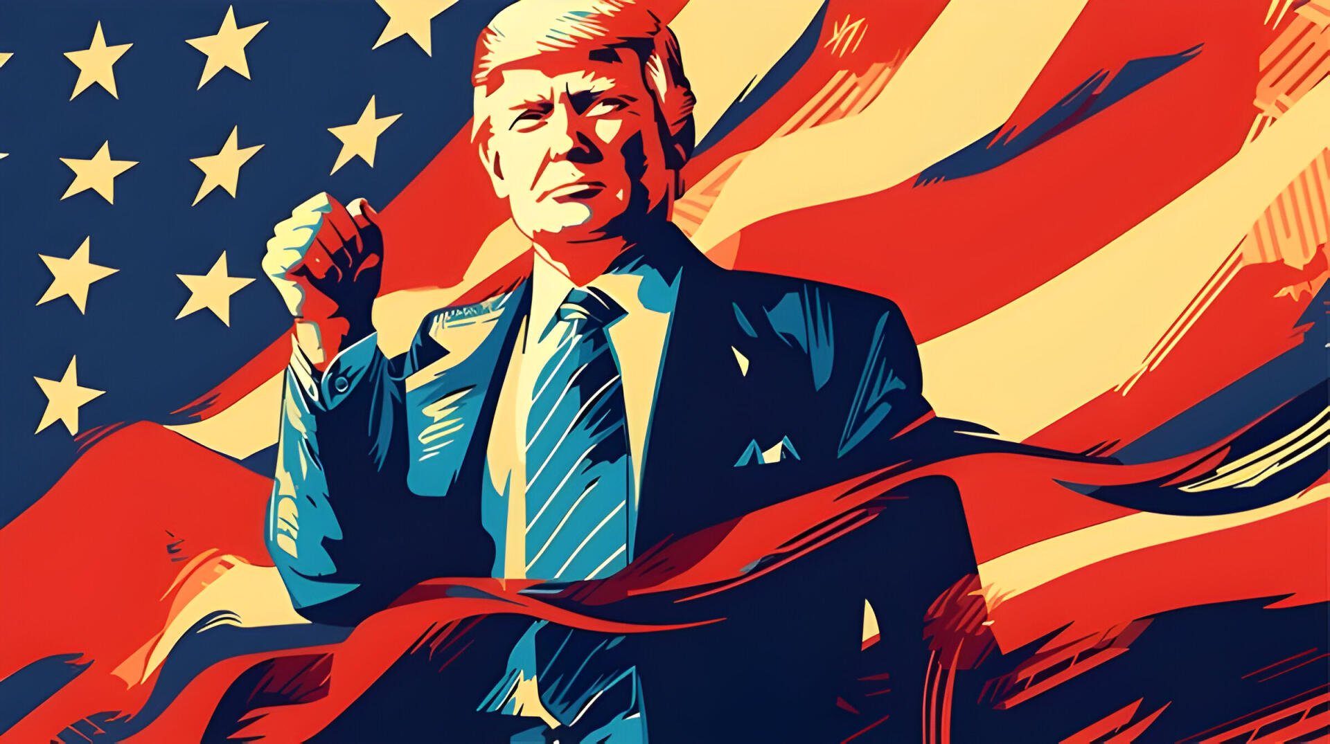 HD desktop wallpaper featuring a stylized illustration of Donald Trump with a raised fist, set against a waving American flag backdrop and bold MAGA colors.