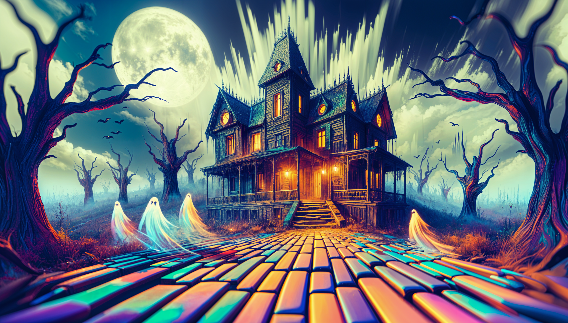 A haunted house surrounded by eerie trees and a glowing full moon, with ghostly figures drifting along a colorful cobblestone path. 4K Ultra HD wallpaper for a spooky ambiance.