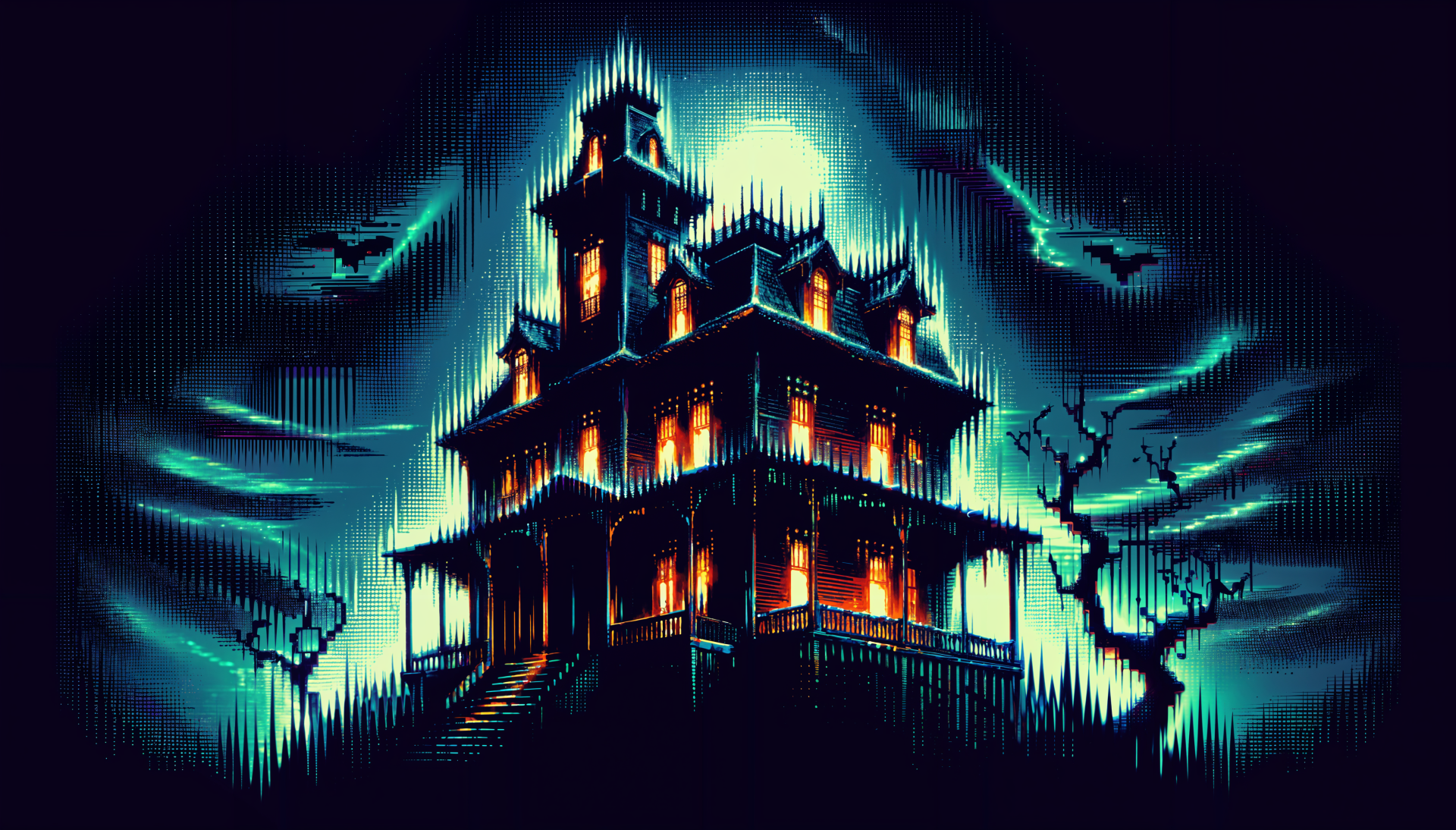 A striking haunted house under a full moon, surrounded by eerie clouds and bats, showcased in vivid 4K Ultra HD for an atmospheric desktop wallpaper and background.