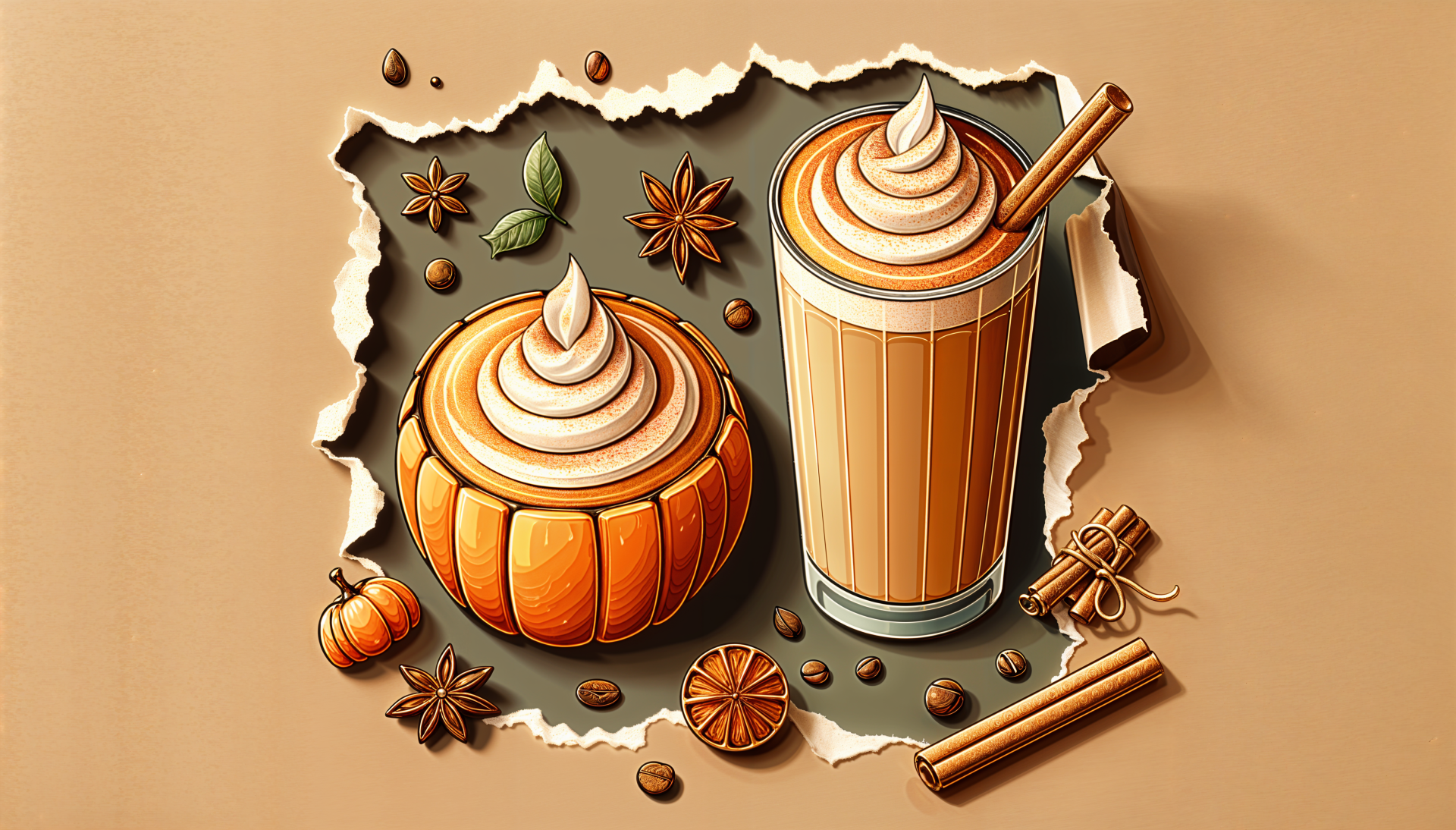 A cozy illustration of a pumpkin spice latte and a pumpkin dessert, surrounded by spices and coffee beans, set against a warm backdrop. This vibrant 4K Ultra HD wallpaper adds autumn charm.