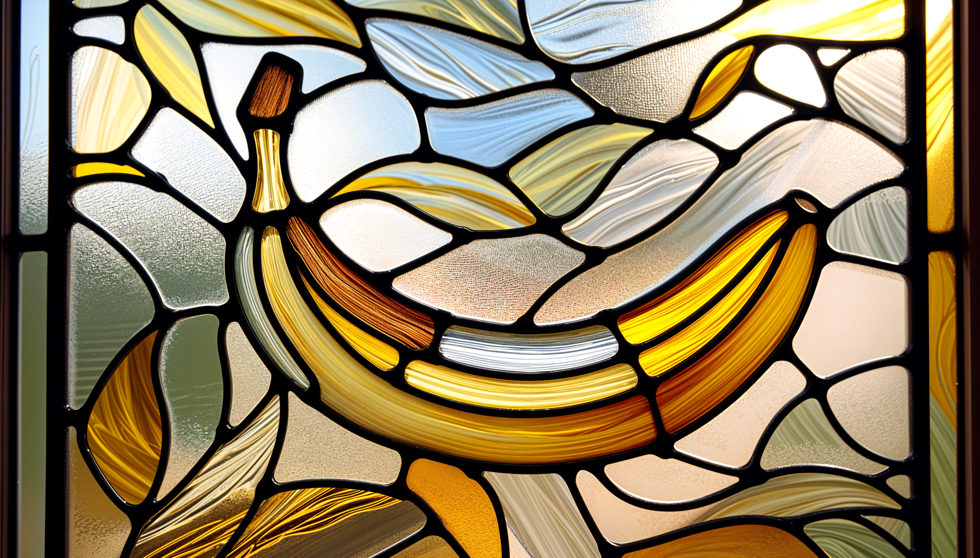 A vibrant stained glass depiction of a banana surrounded by leaves, presented as a 4K Ultra HD PC desktop wallpaper and background.