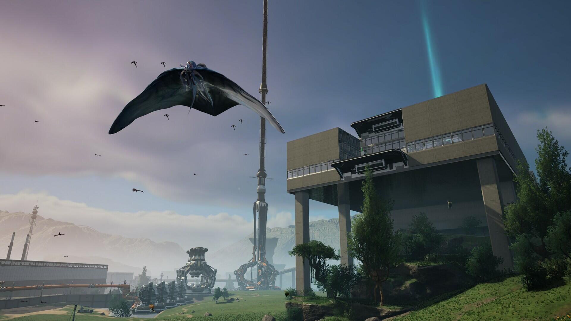 A scenic HD desktop wallpaper featuring a futuristic landscape from the video game Satisfactory, showcasing a flying creature near a large industrial structure and a blue beam in the sky.