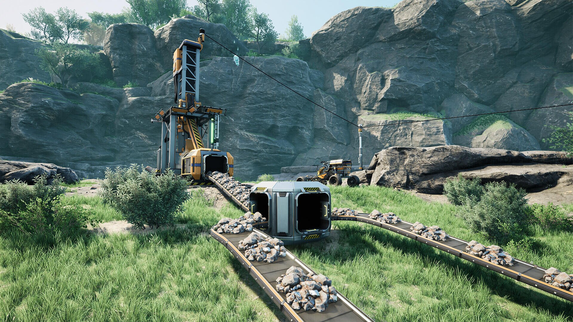 A stunning HD wallpaper from the video game Satisfactory, showcasing a mining setup with conveyors, machinery, and lush green landscapes amidst rocky terrain.