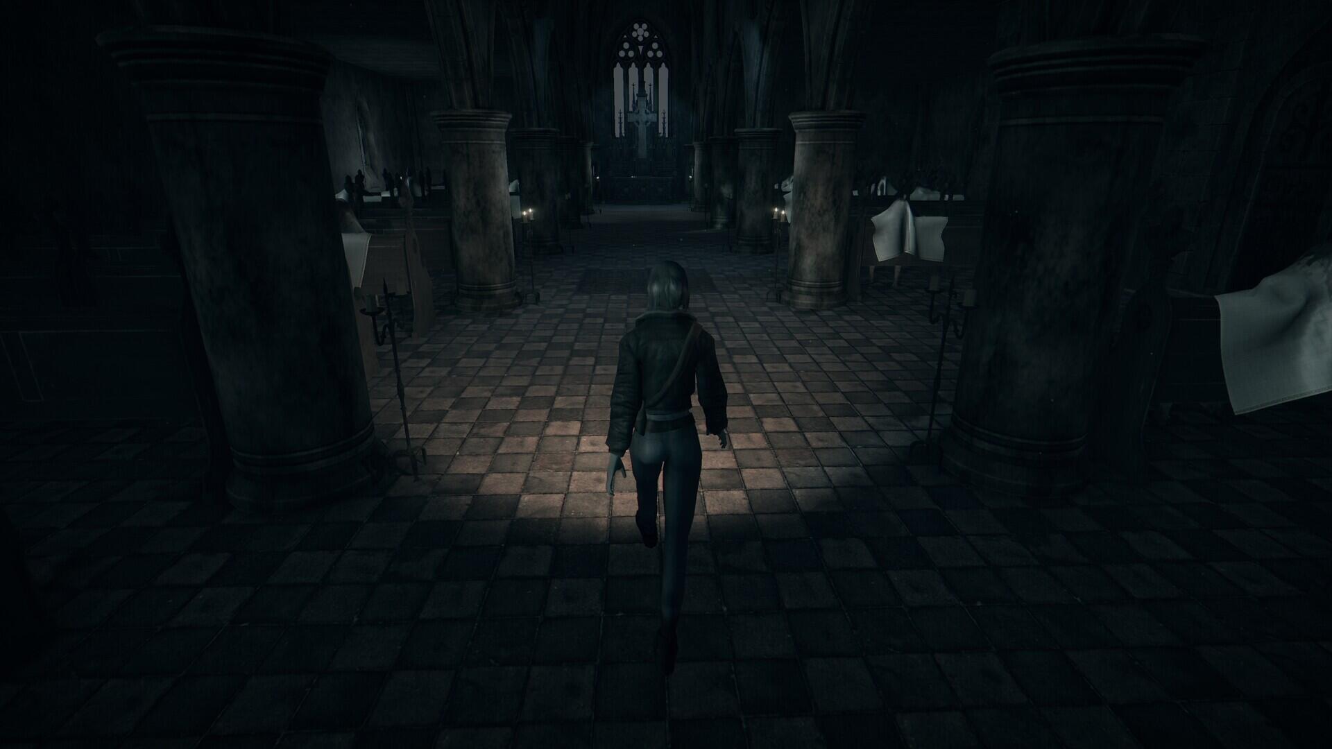 A dark, atmospheric scene from the video game Hollowbody, featuring a character exploring a dimly lit corridor with gothic architecture, suitable as a high-definition PC desktop wallpaper.