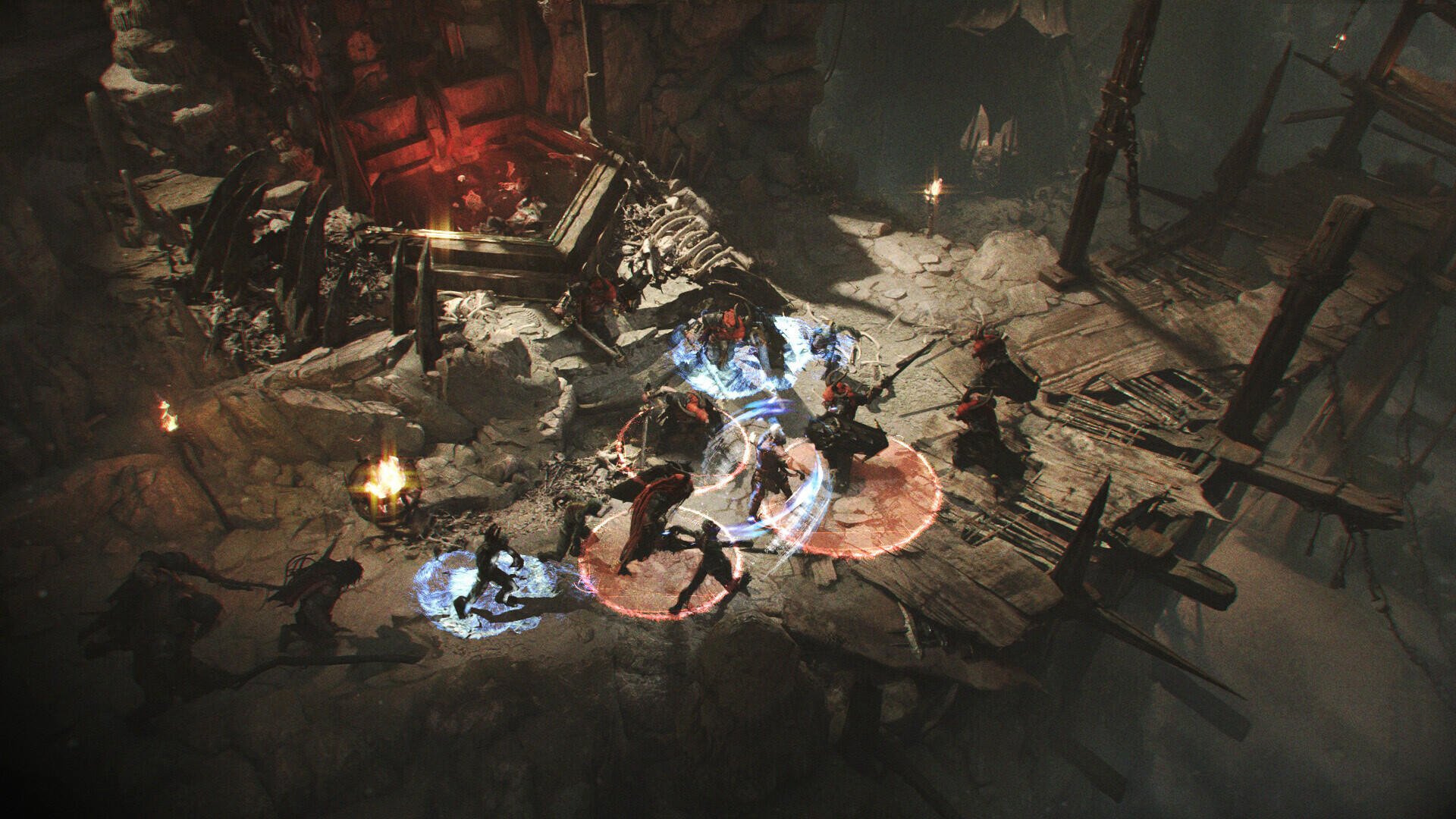An intense scene from the video game Jotunnslayer: Hordes of Hel, featuring characters battling in a dark, atmospheric environment with striking visual effects. HD PC desktop wallpaper.