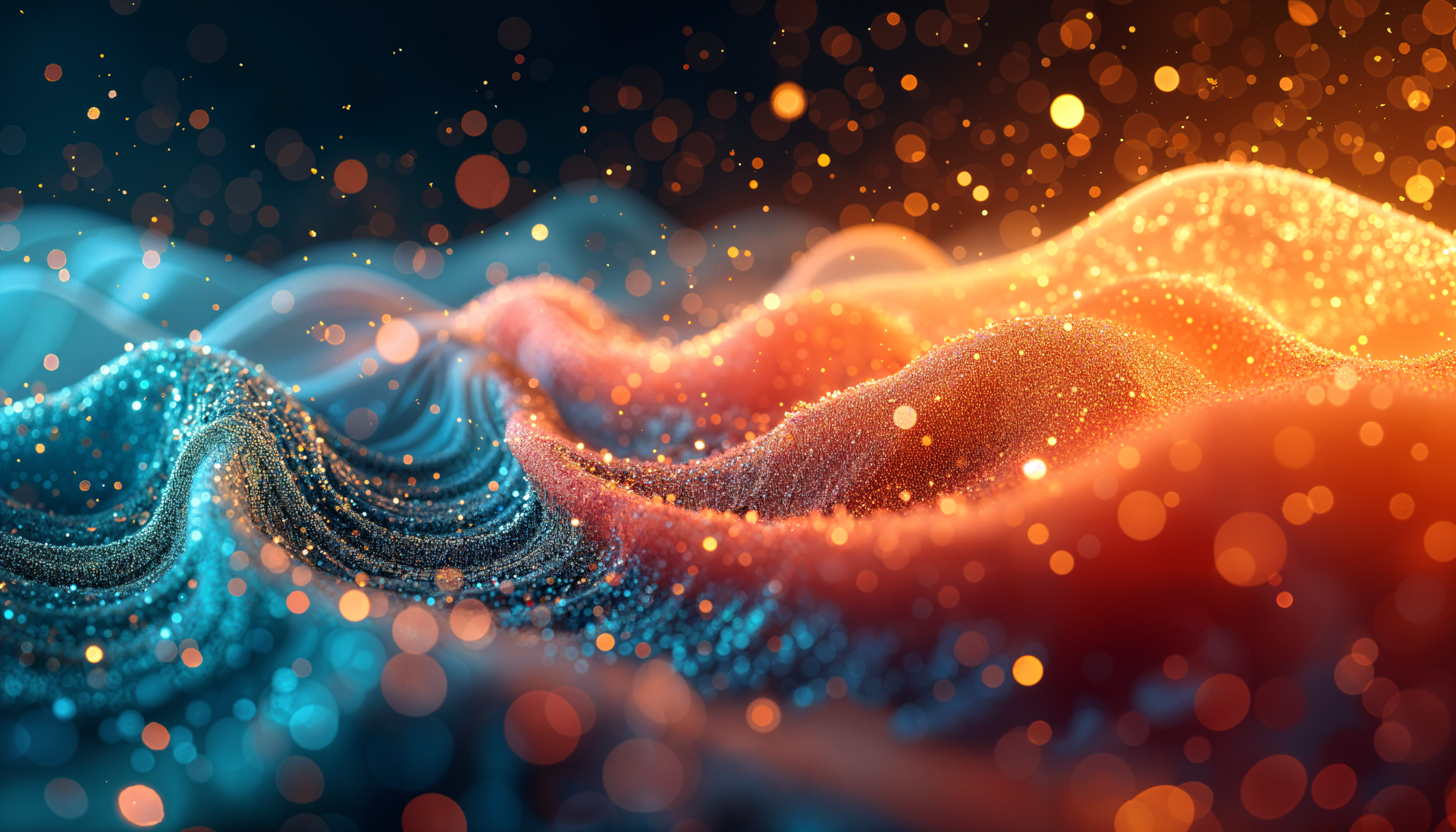Colorful waves of light and texture blend in this 4K Ultra HD PC desktop wallpaper, featuring blue and orange hues with sparkling particles against a dark backdrop.