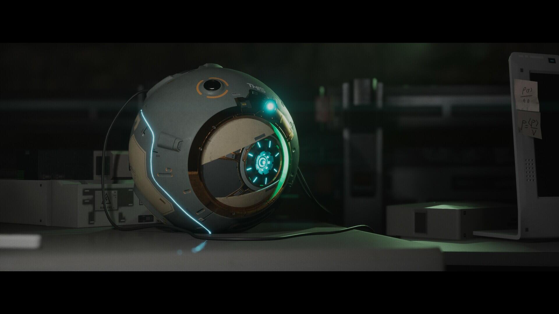 A sleek, futuristic robotic sphere sits on a table, illuminated by blue and green lights, in a dark, high-tech environment inspired by the video game EVOTINCTION.