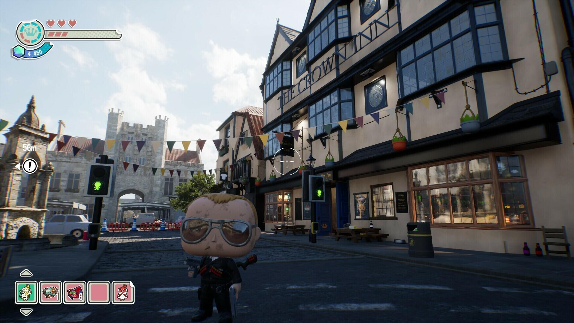 HD PC desktop wallpaper featuring a Funko Fusion video game scene with a stylized character in a medieval town setting under a cloudy sky.
