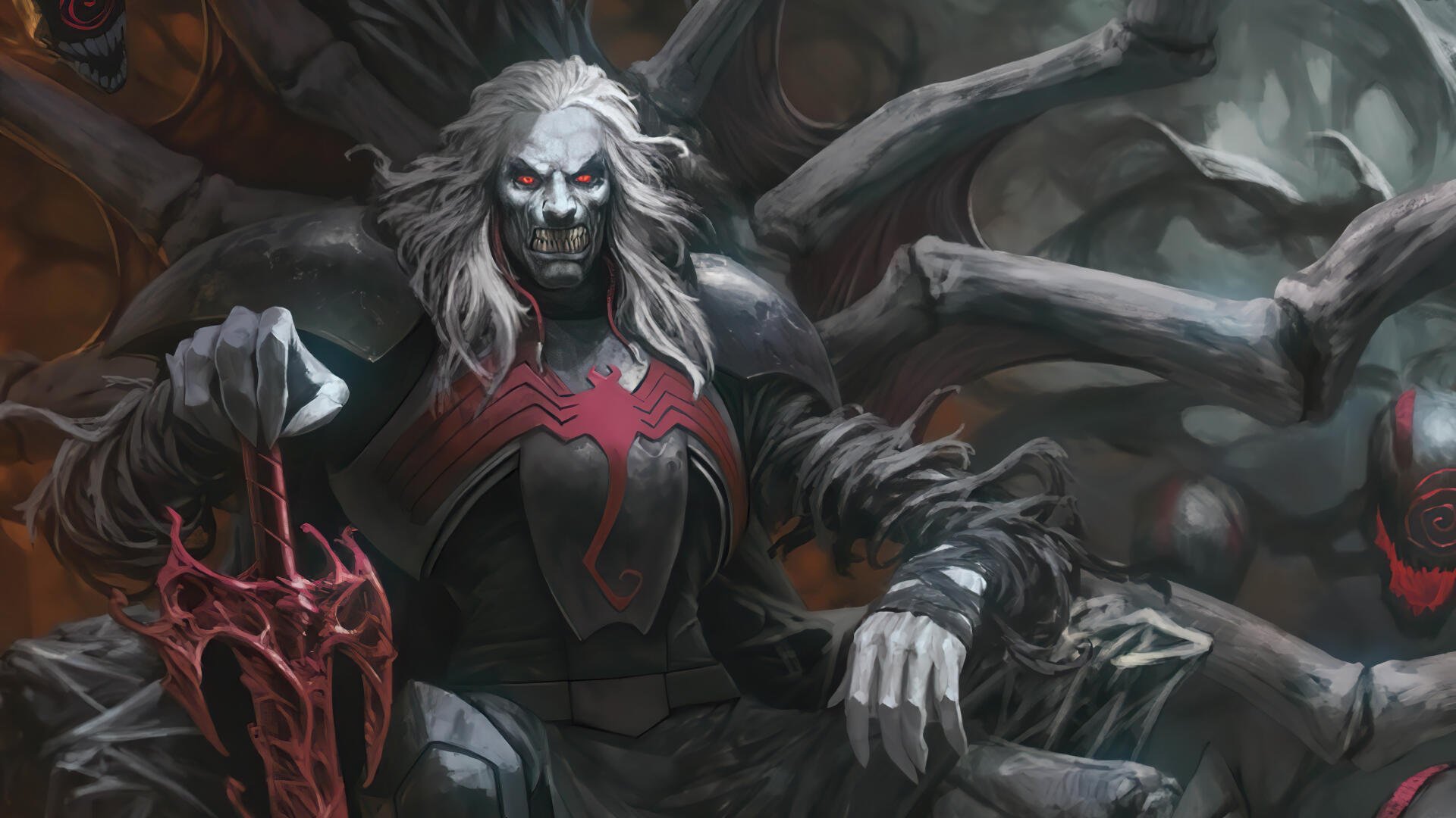A dark, menacing figure of Knull from Marvel Comics seated in shadowy surroundings, depicted in 4K Ultra HD as a powerful comic villain wallpaper.