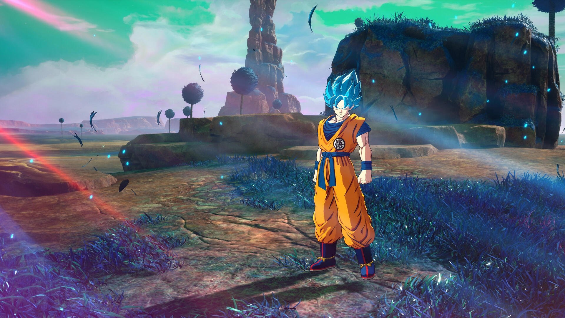 HD PC desktop wallpaper featuring Goku from DRAGON BALL: Sparking! ZERO, standing in a vibrant, otherworldly landscape with dynamic lighting effects.