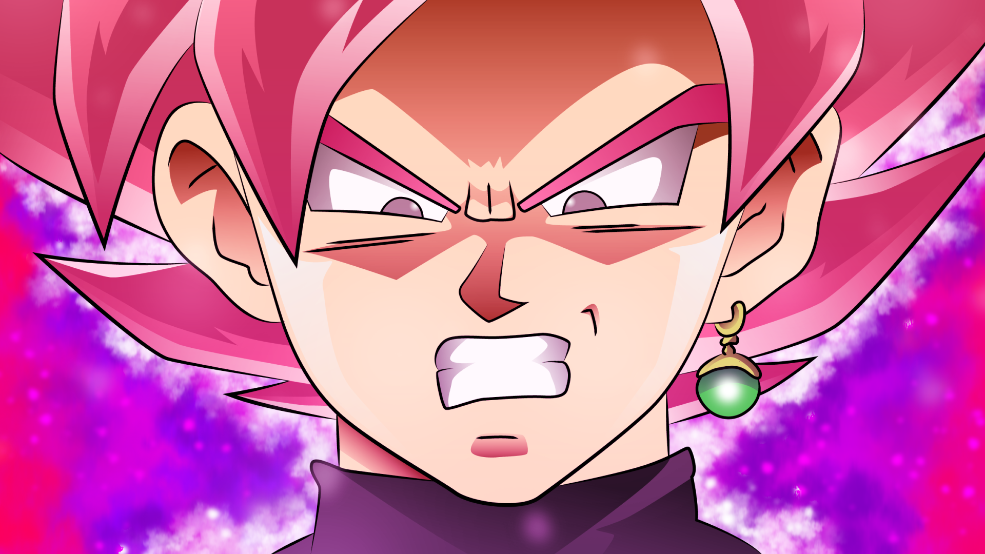 HD wallpaper of Black Goku from Dragon Ball Super, transformed into Super Saiyan Rosé, showcasing his fierce expression against a vibrant purple background.