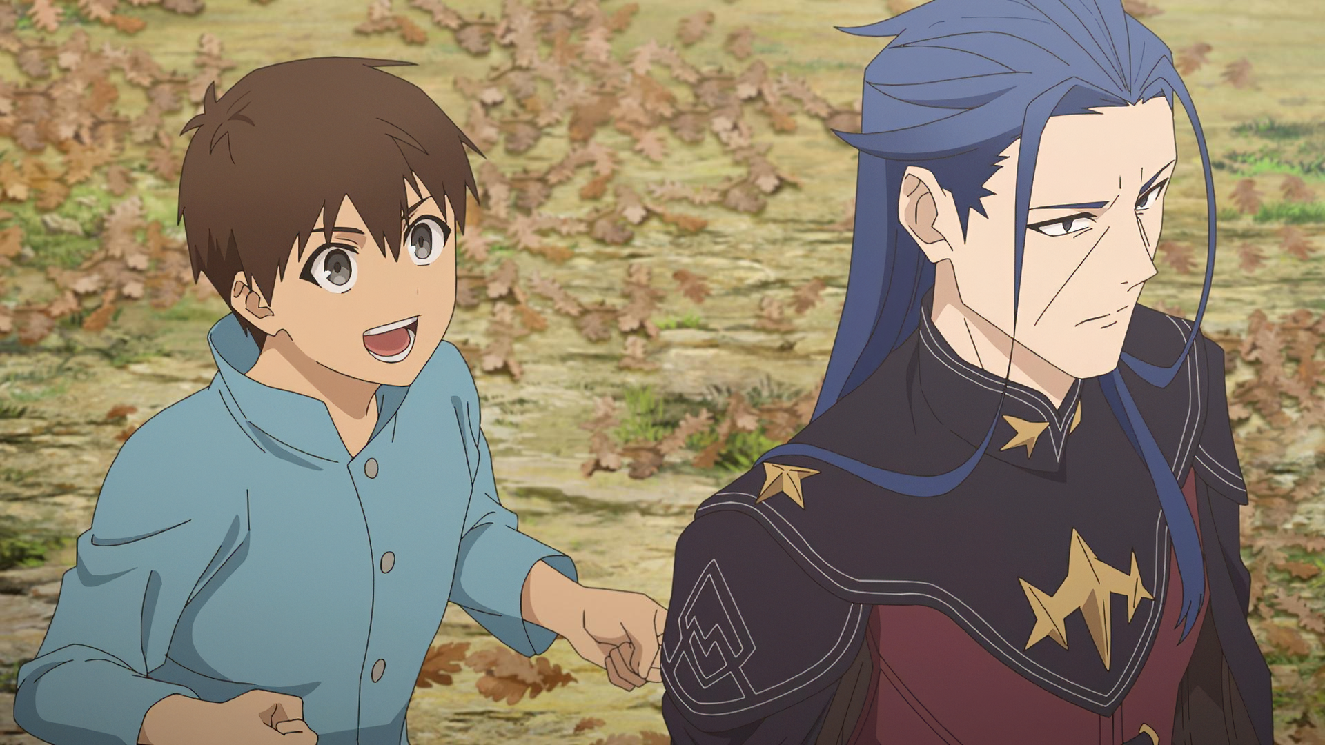 A vibrant anime scene featuring a cheerful boy in a light blue shirt interacting with a serious-looking man in ornate armor. This HD wallpaper captures their contrasting emotions beautifully.