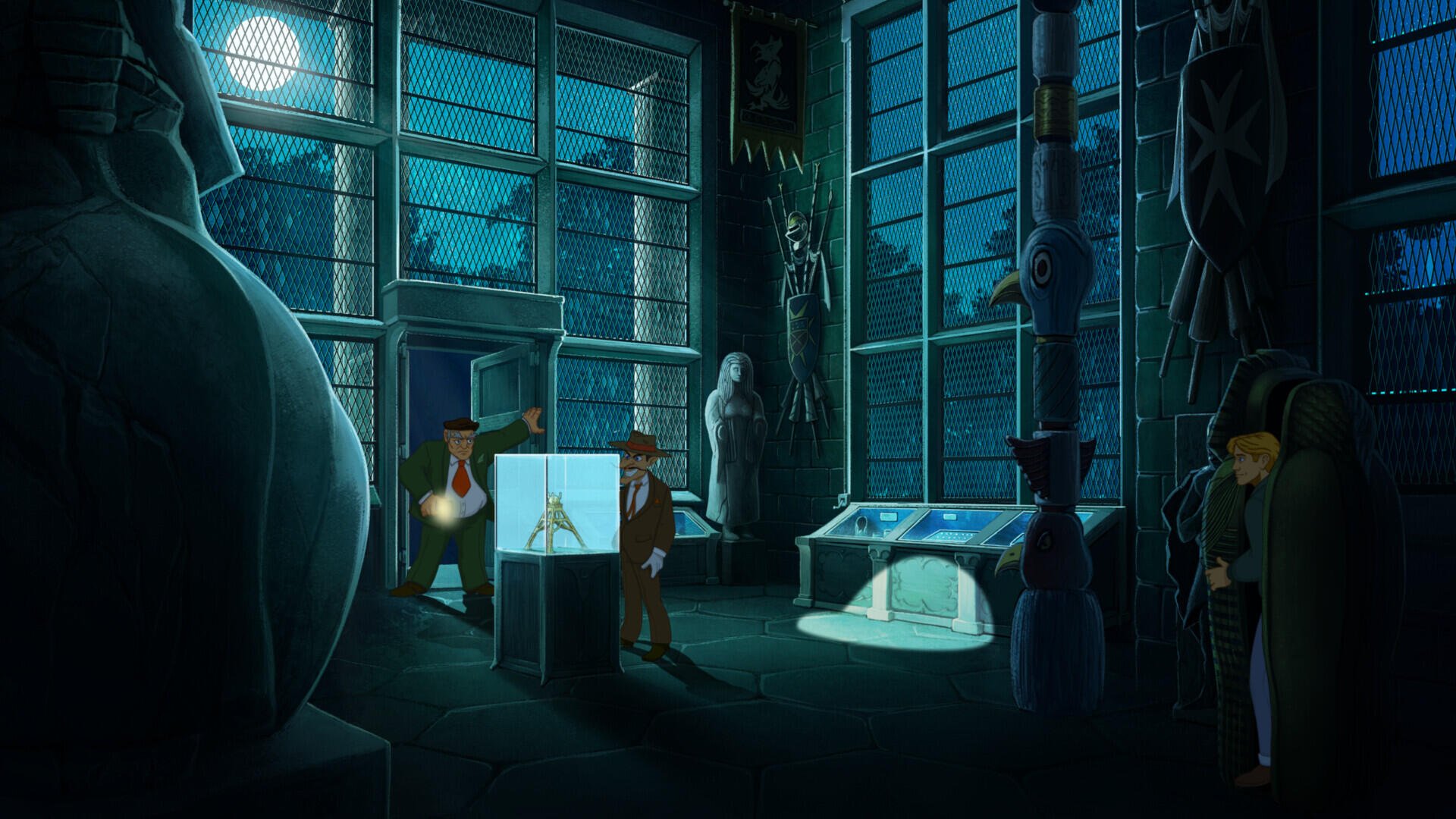 A scene from the video game *Broken Sword - Shadow of the Templars: Reforged*, depicting characters exploring a dimly lit museum filled with intriguing artifacts and shadows.