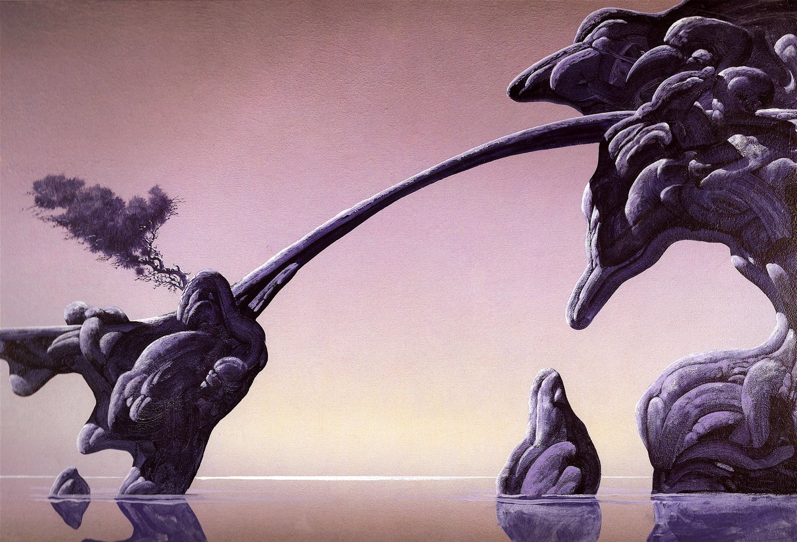 A surreal sci-fi fantasy landscape features twisted, sculptural trees arching over calm water under a soft, pastel sky in this HD desktop wallpaper.